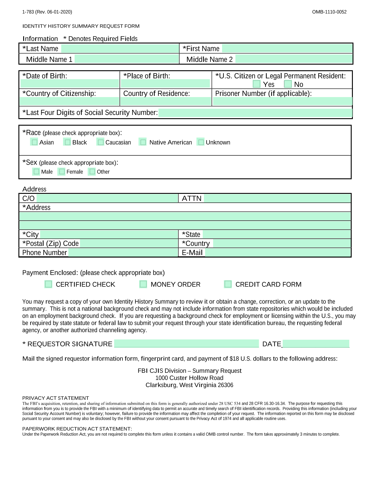 Identity History Summary Request Form screenshot