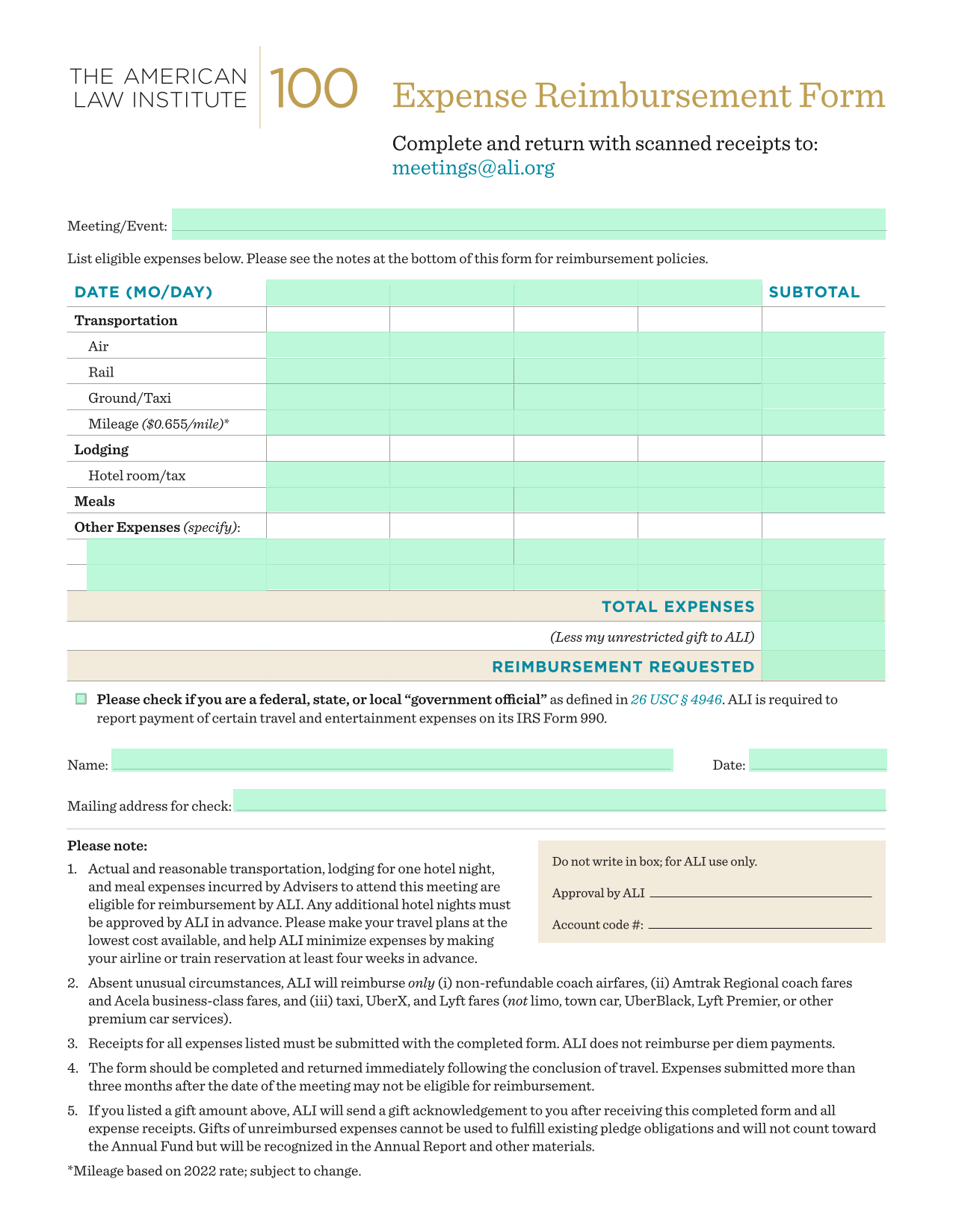 Expense Reimbursement Form screenshot