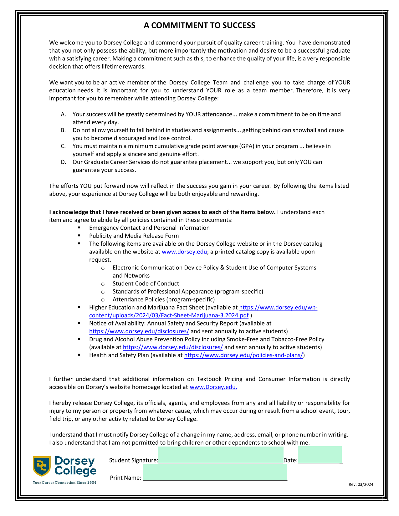 Dorsey College Student Commitment Statement screenshot
