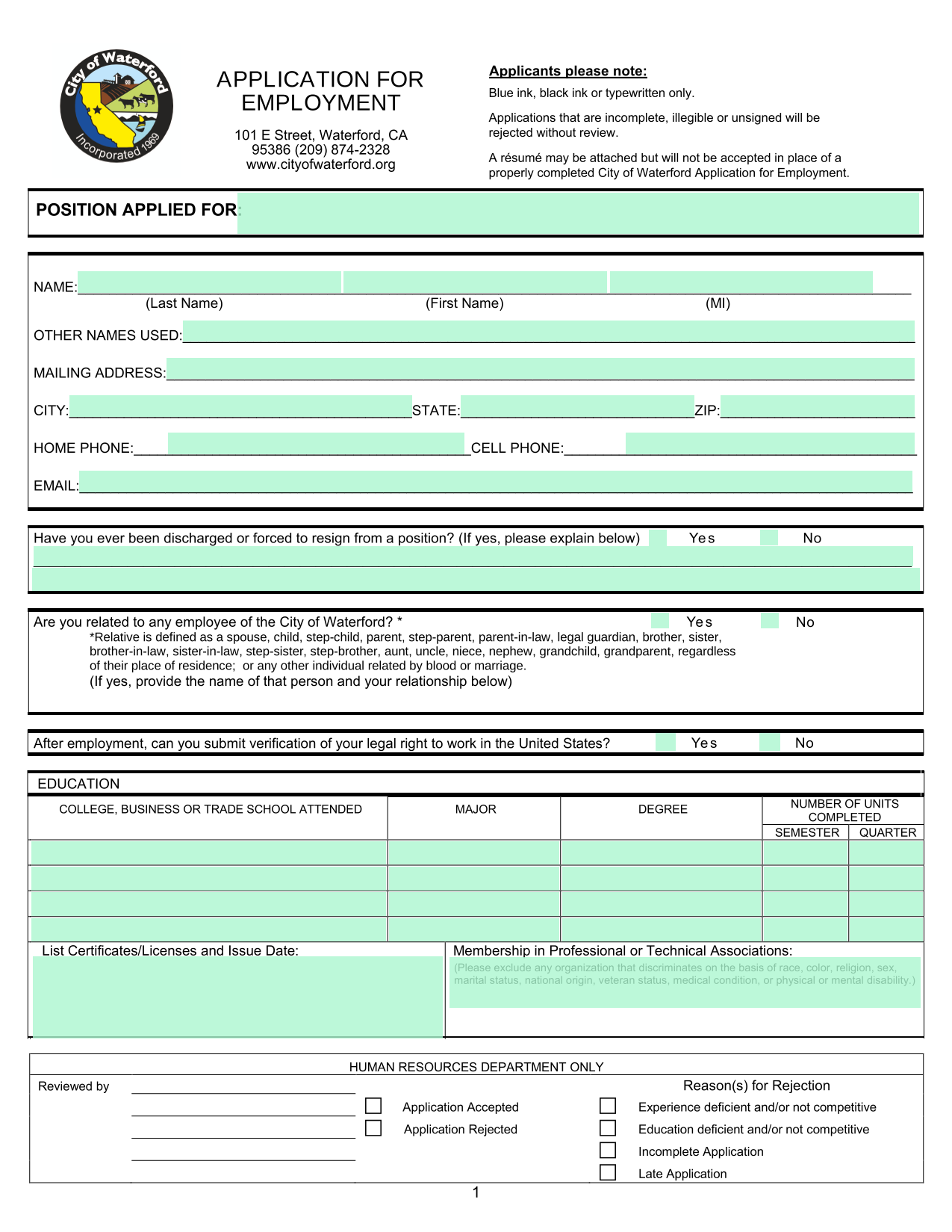 APPLICATION FOR EMPLOYMENT screenshot