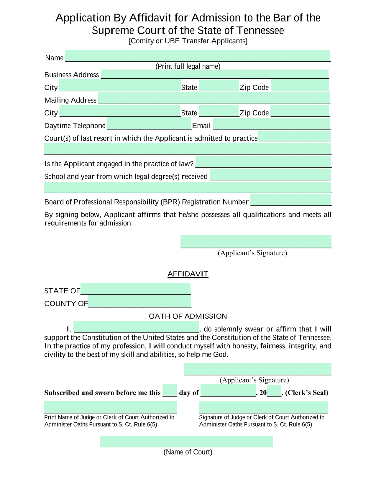 Application By Affidavit For Admission To The Bar Of The Supreme Court Of The State Of Tennessee screenshot