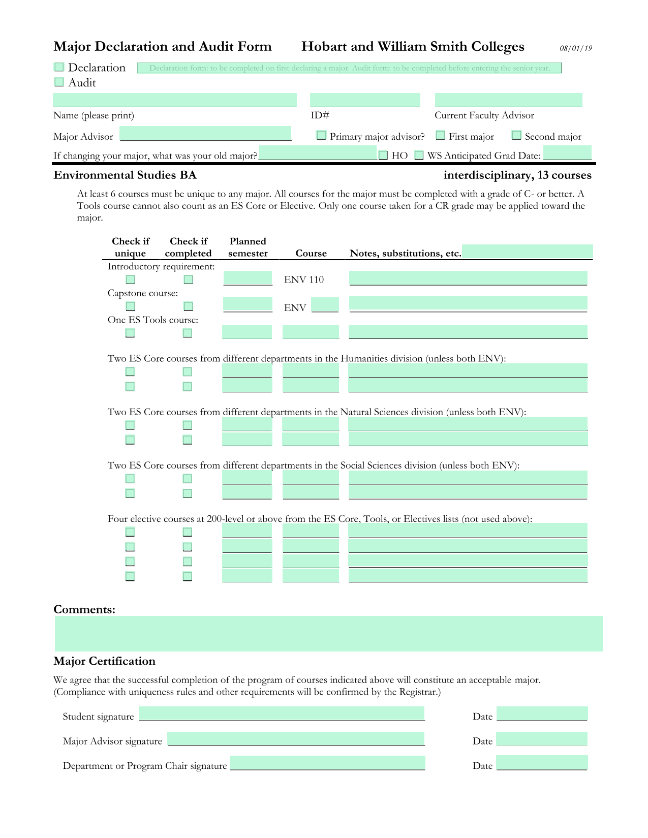 Major Declaration And Audit Form screenshot