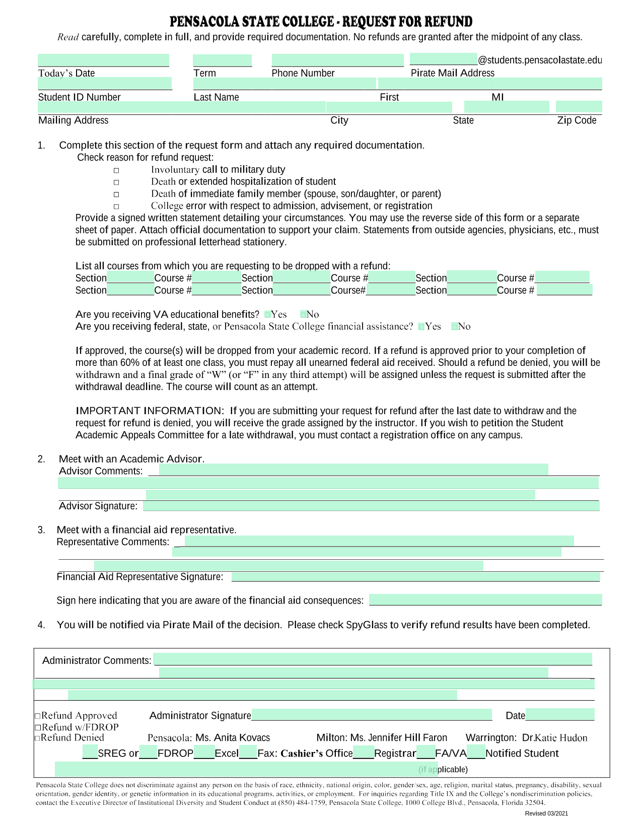 Student Refund Request Form screenshot