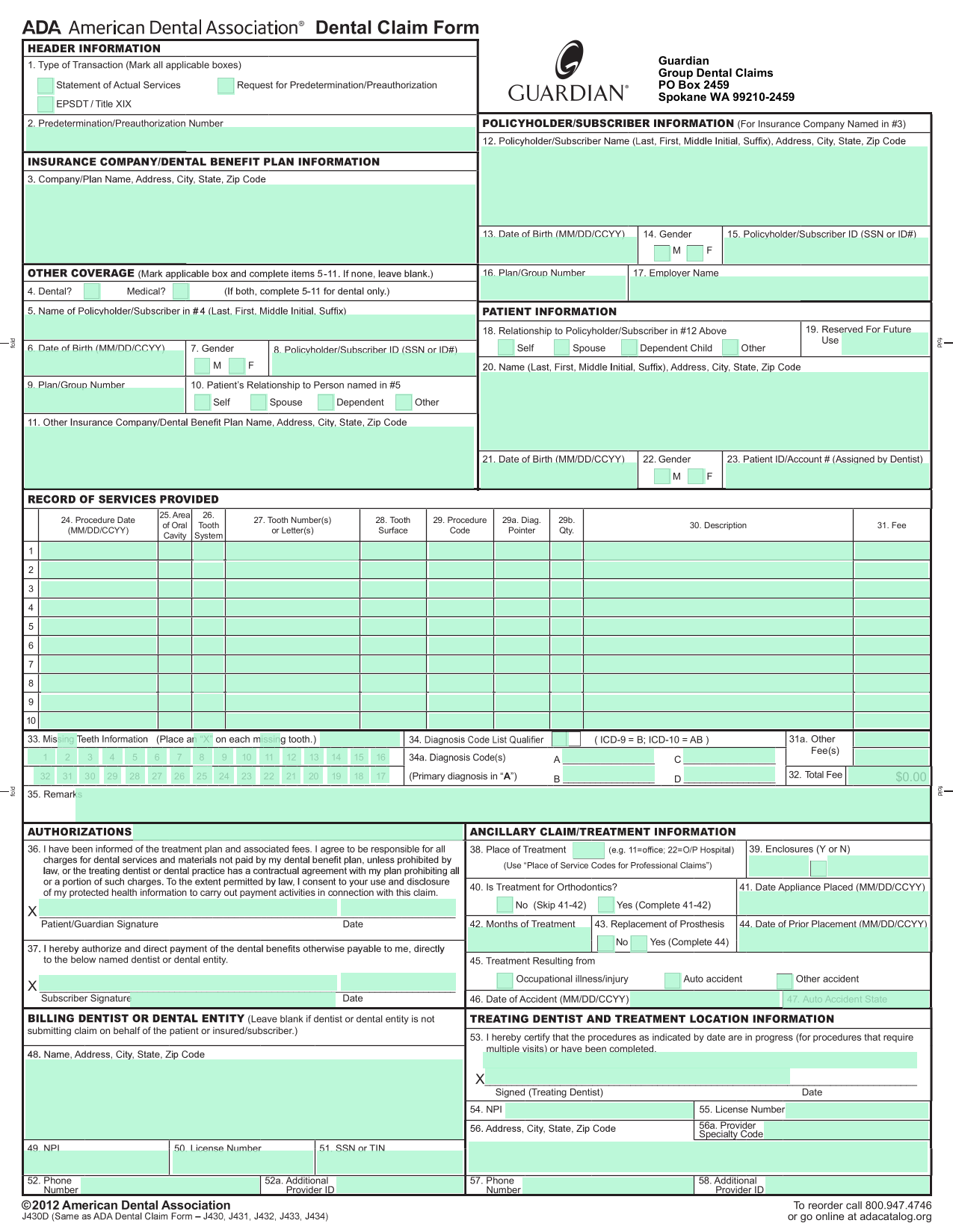 Dental Claim Form screenshot