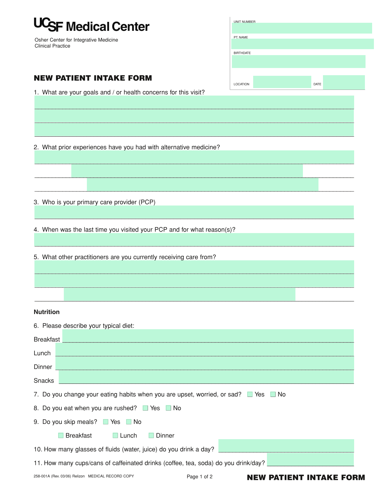 NEW PATIENT INTAKE FORM screenshot