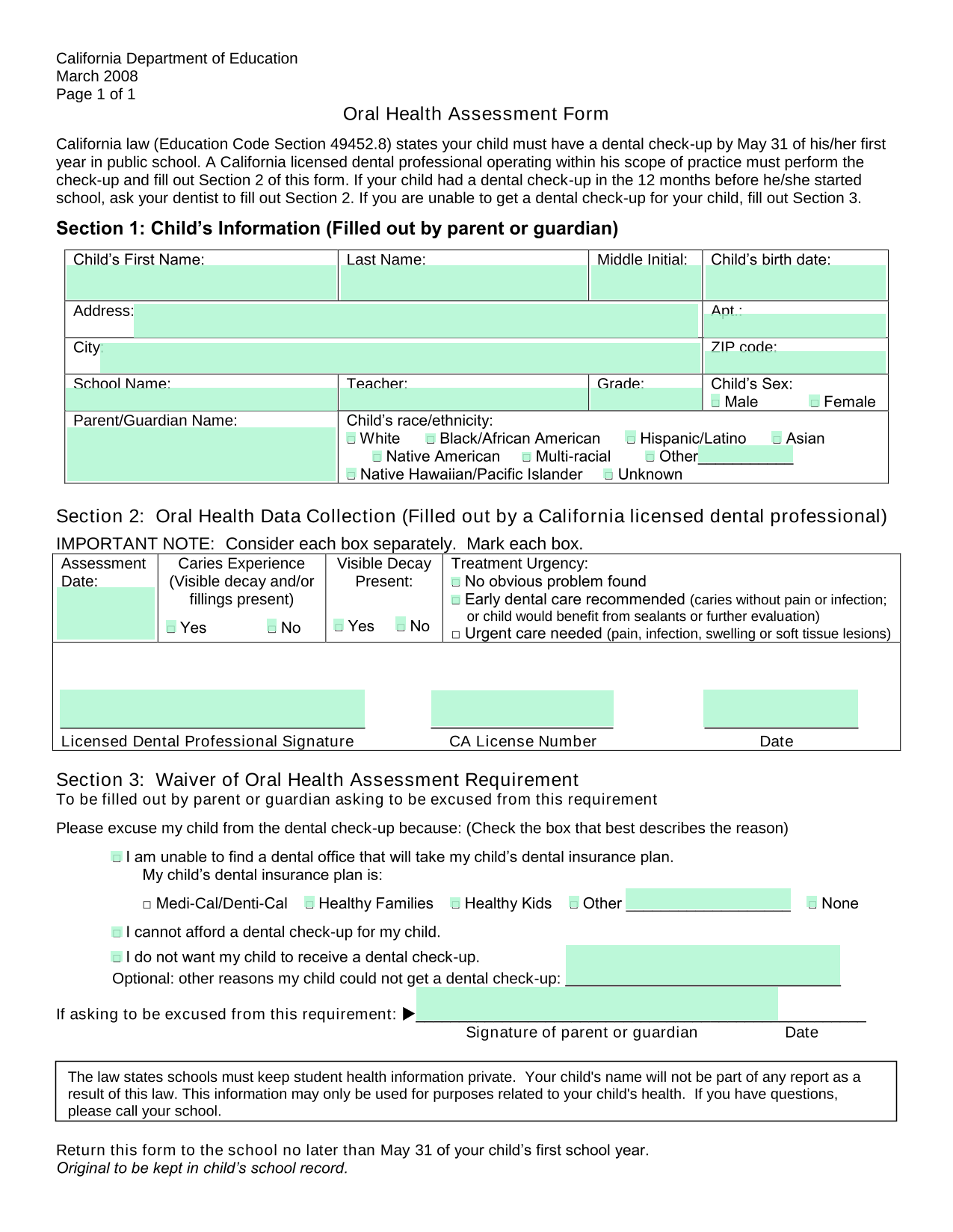 Oral Health Assessment Form screenshot