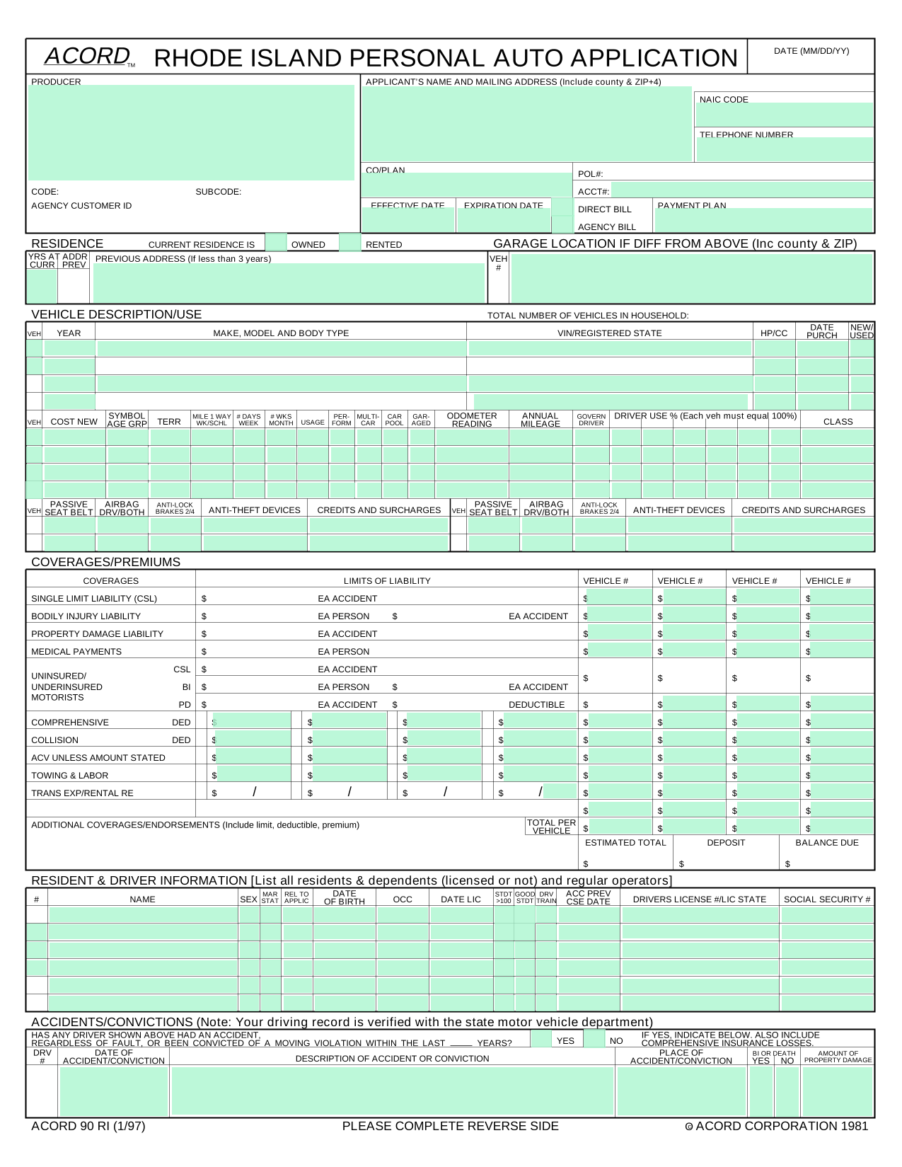 Rhode Island Personal Auto Application (ACORD 90 RI) screenshot