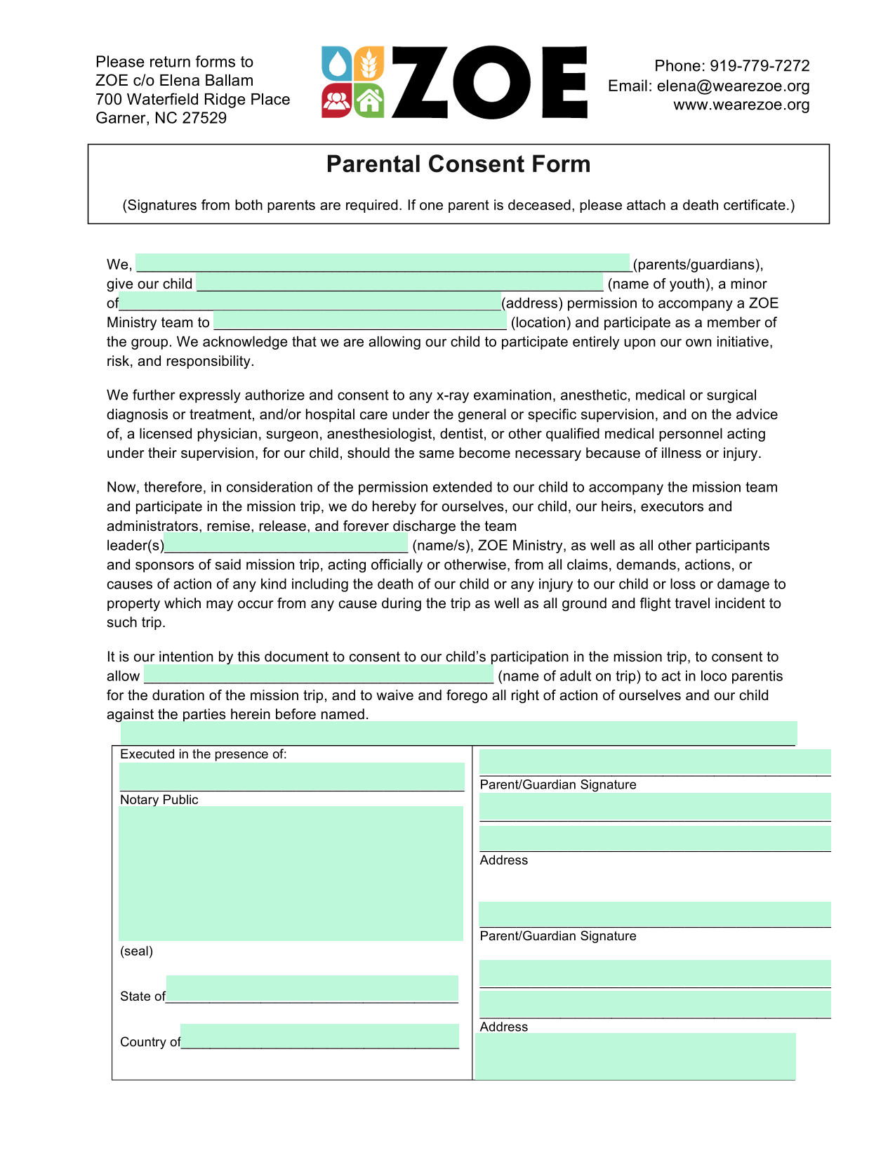 Parental Consent Form screenshot