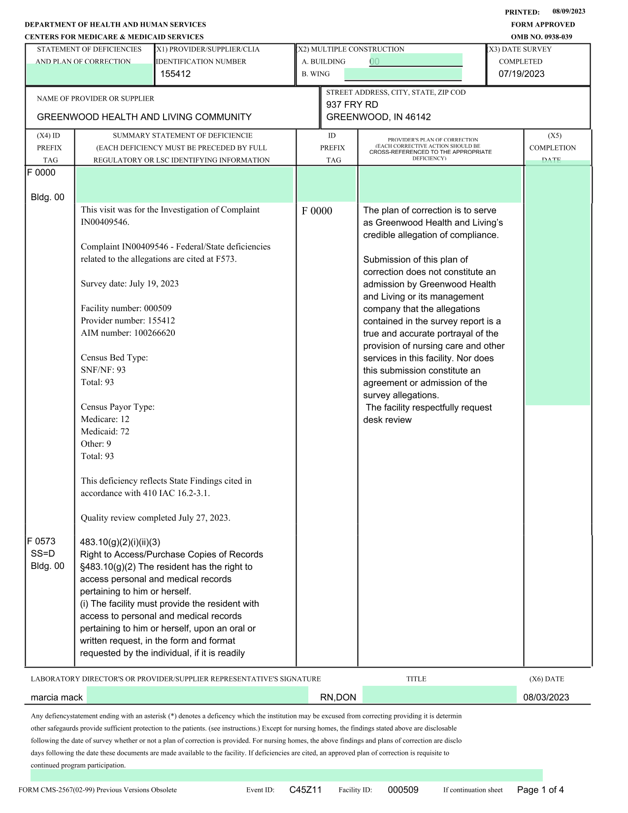 Statement Of Deficiencies And Plan Of Correction screenshot