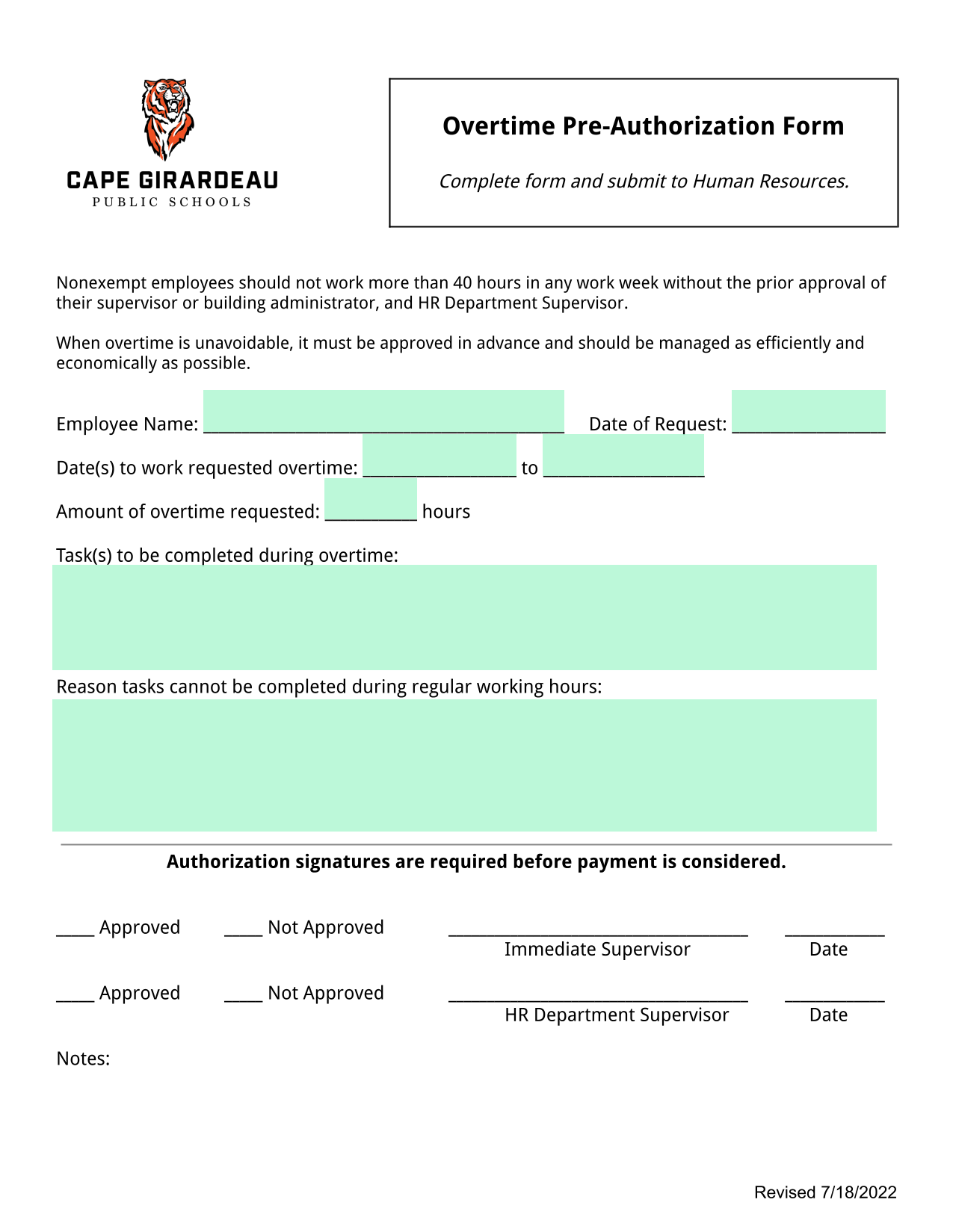 Overtime Pre Authorization Form screenshot