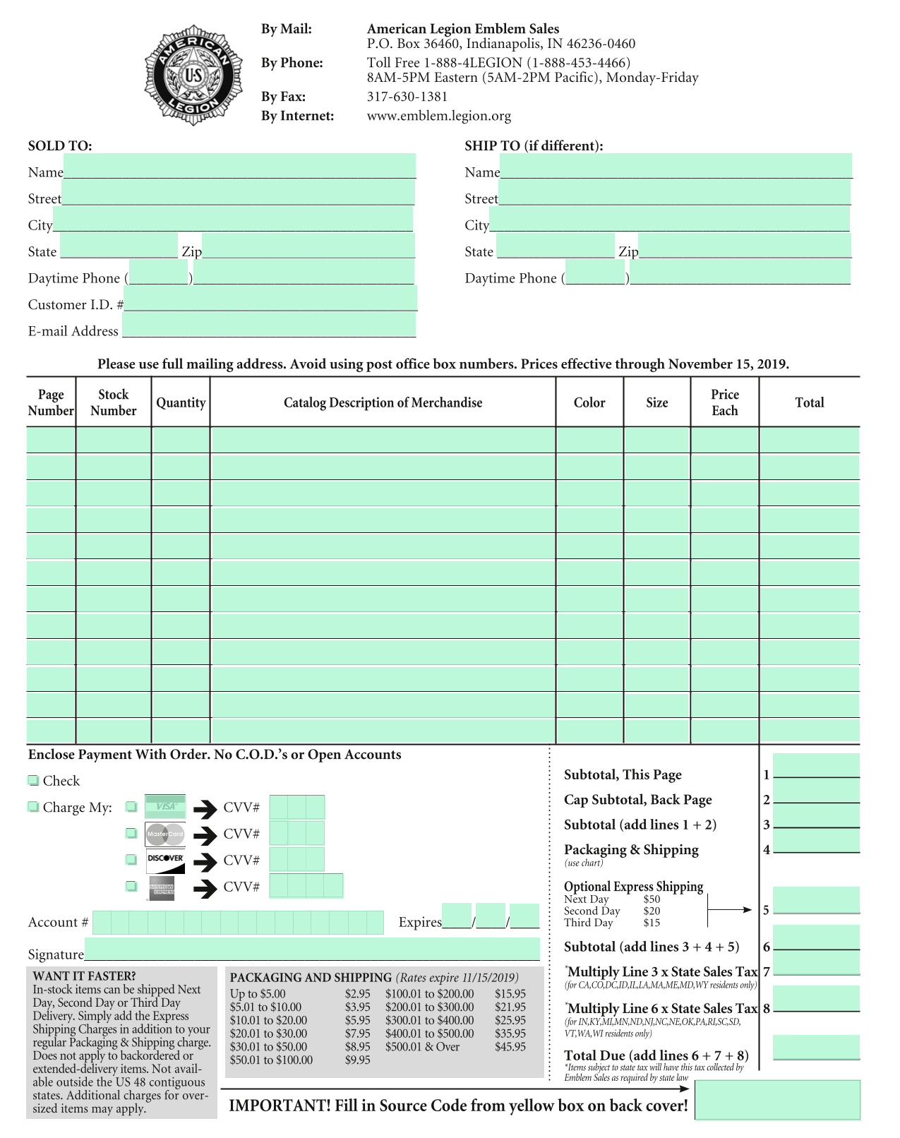 American Legion Emblem Sales Order Form screenshot