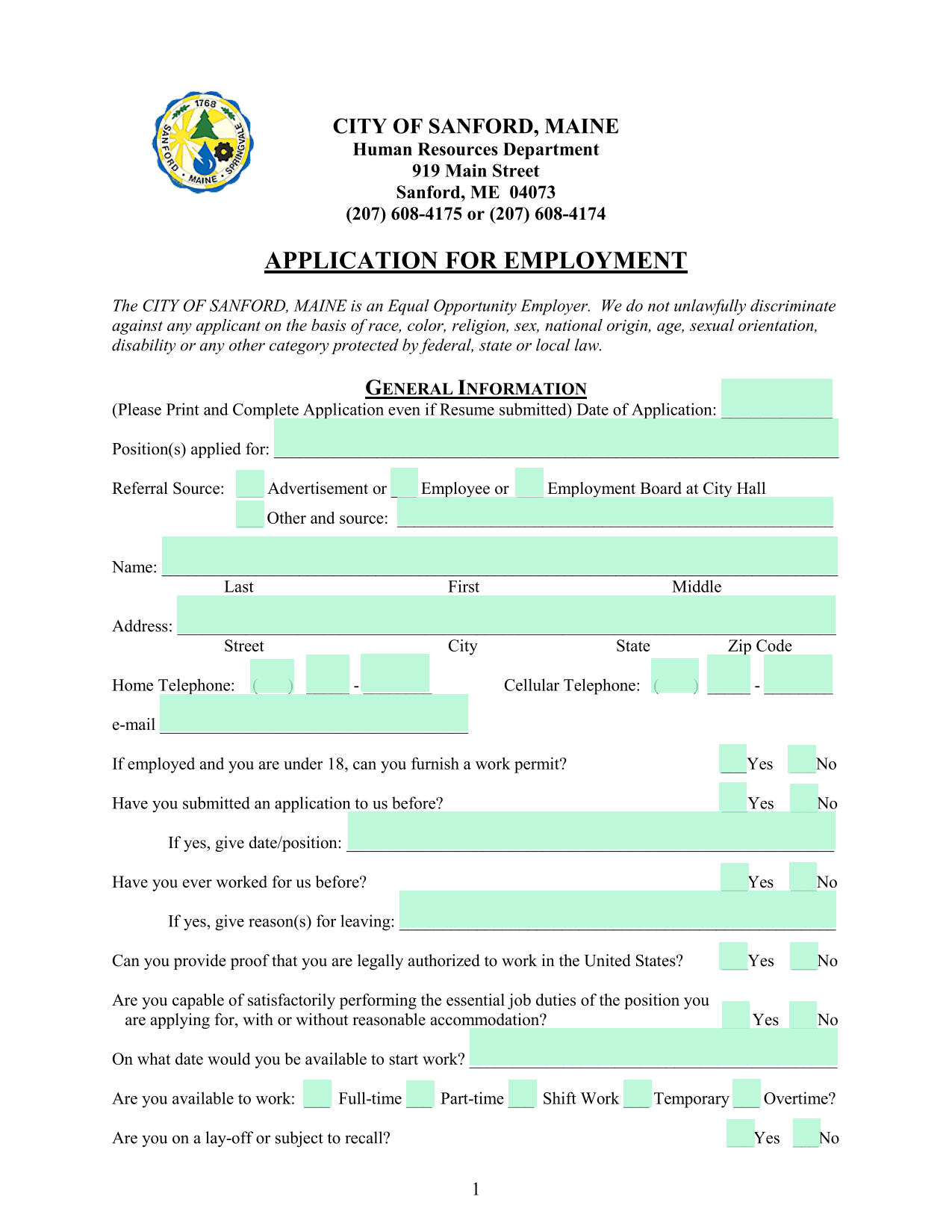 APPLICATION FOR EMPLOYMENT screenshot