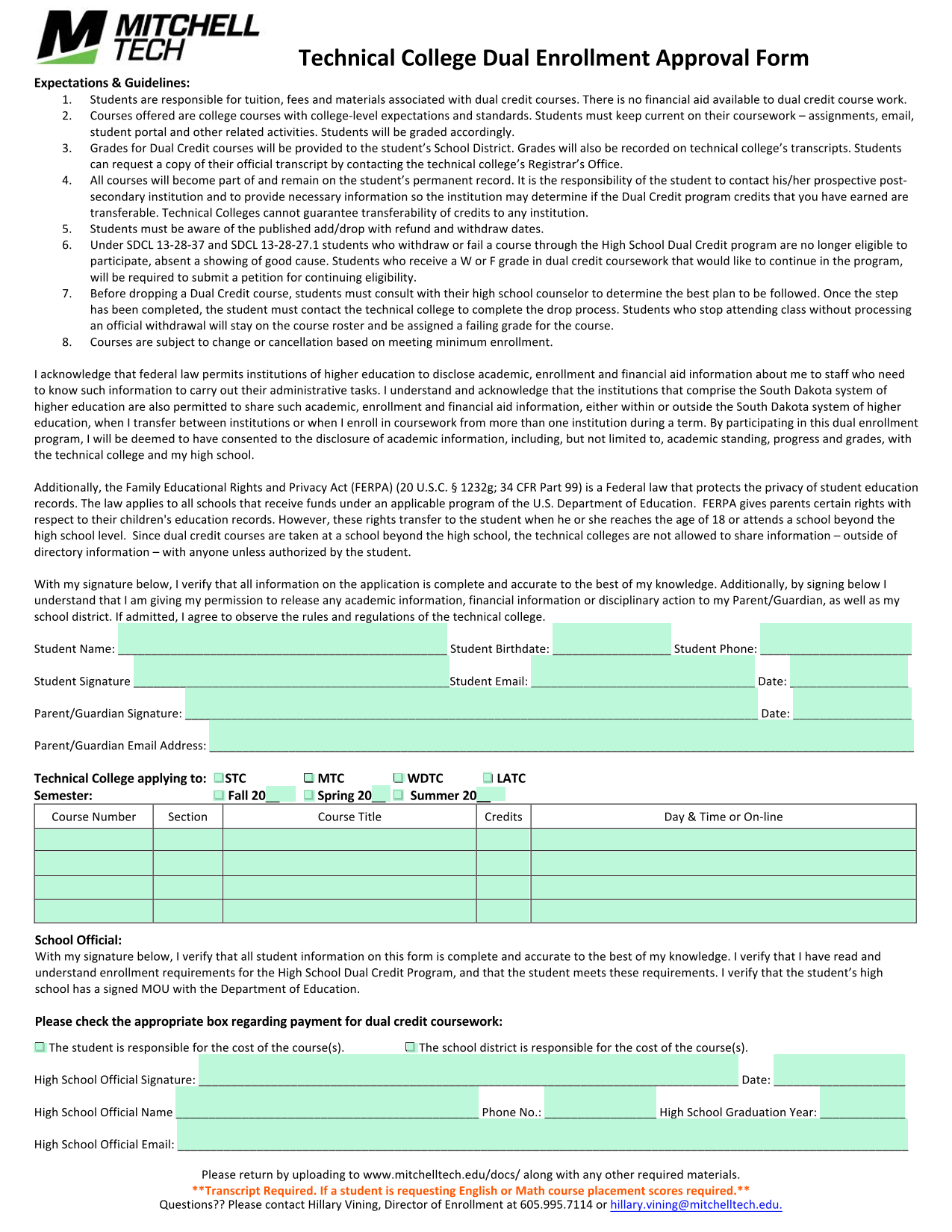 Technical College Dual Enrollment Approval Form screenshot