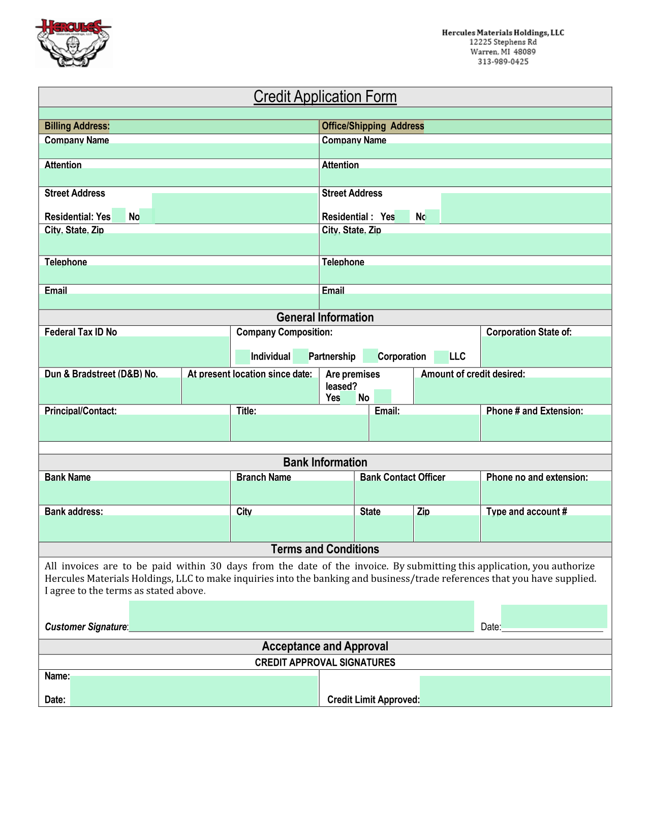 Credit Application Form screenshot