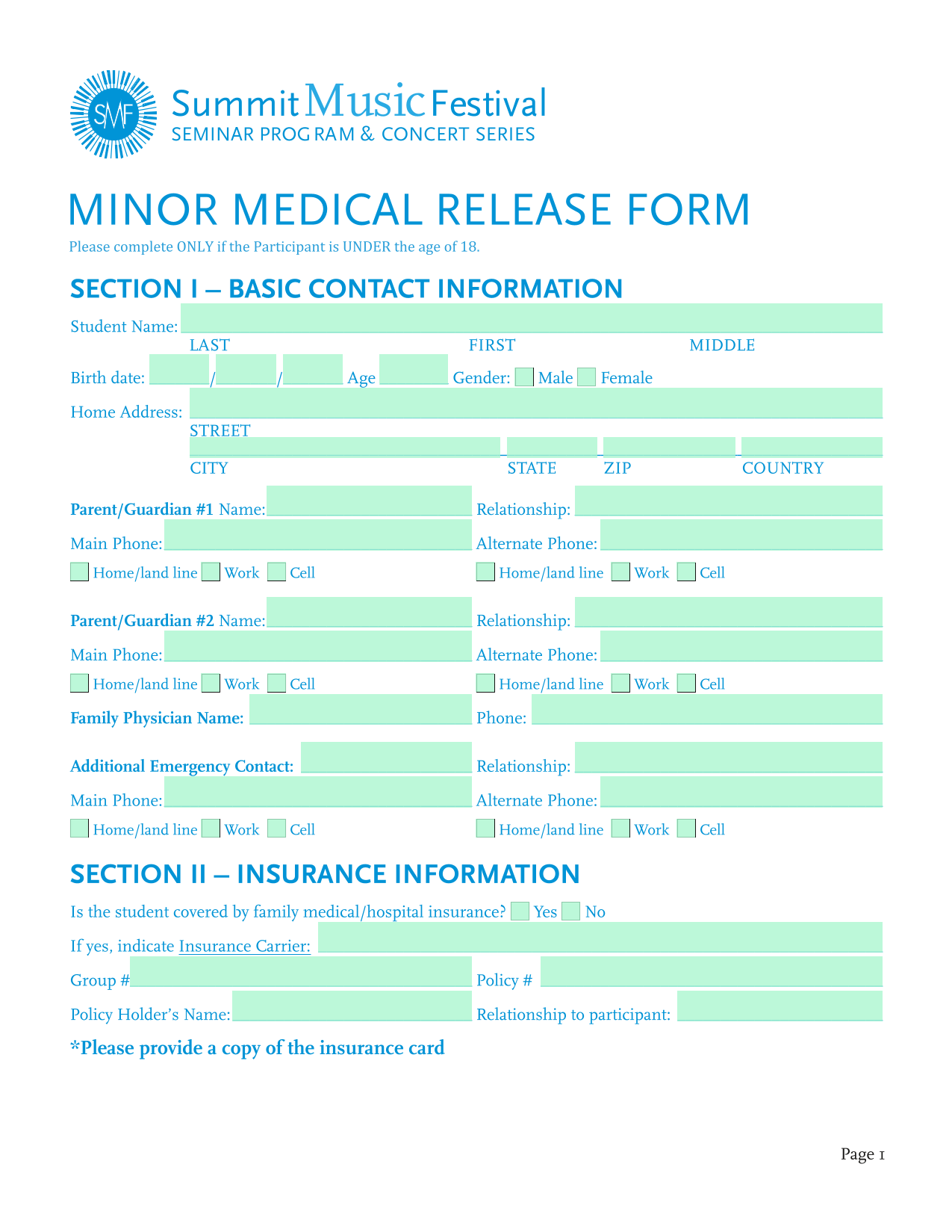 MINOR MEDICAL RELEASE FORM screenshot
