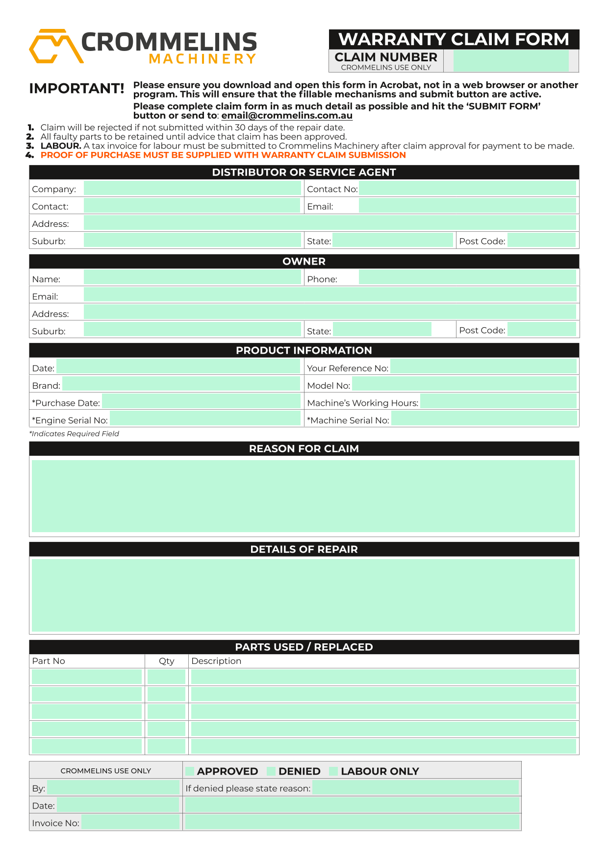 WARRANTY CLAIM FORM screenshot