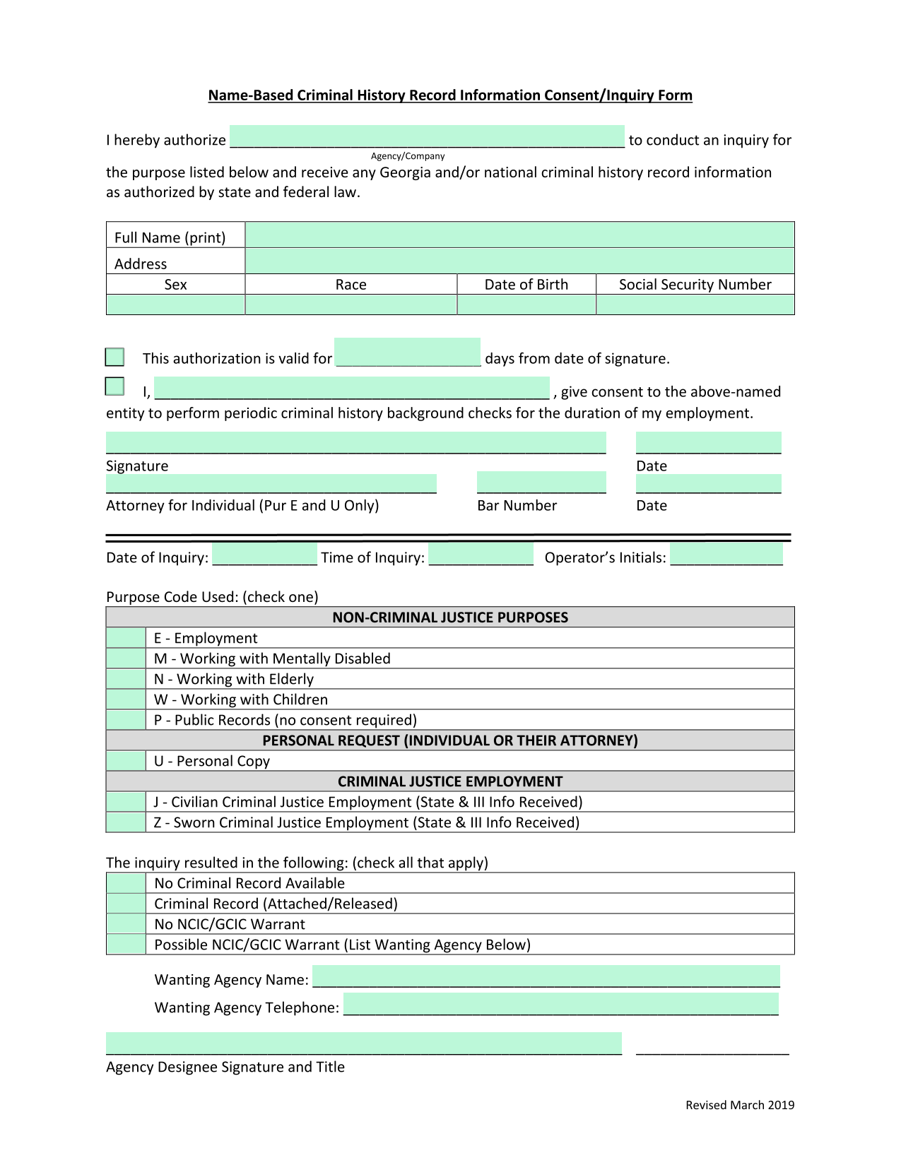Name Based Criminal History Record Information ConsentInquiry Form screenshot
