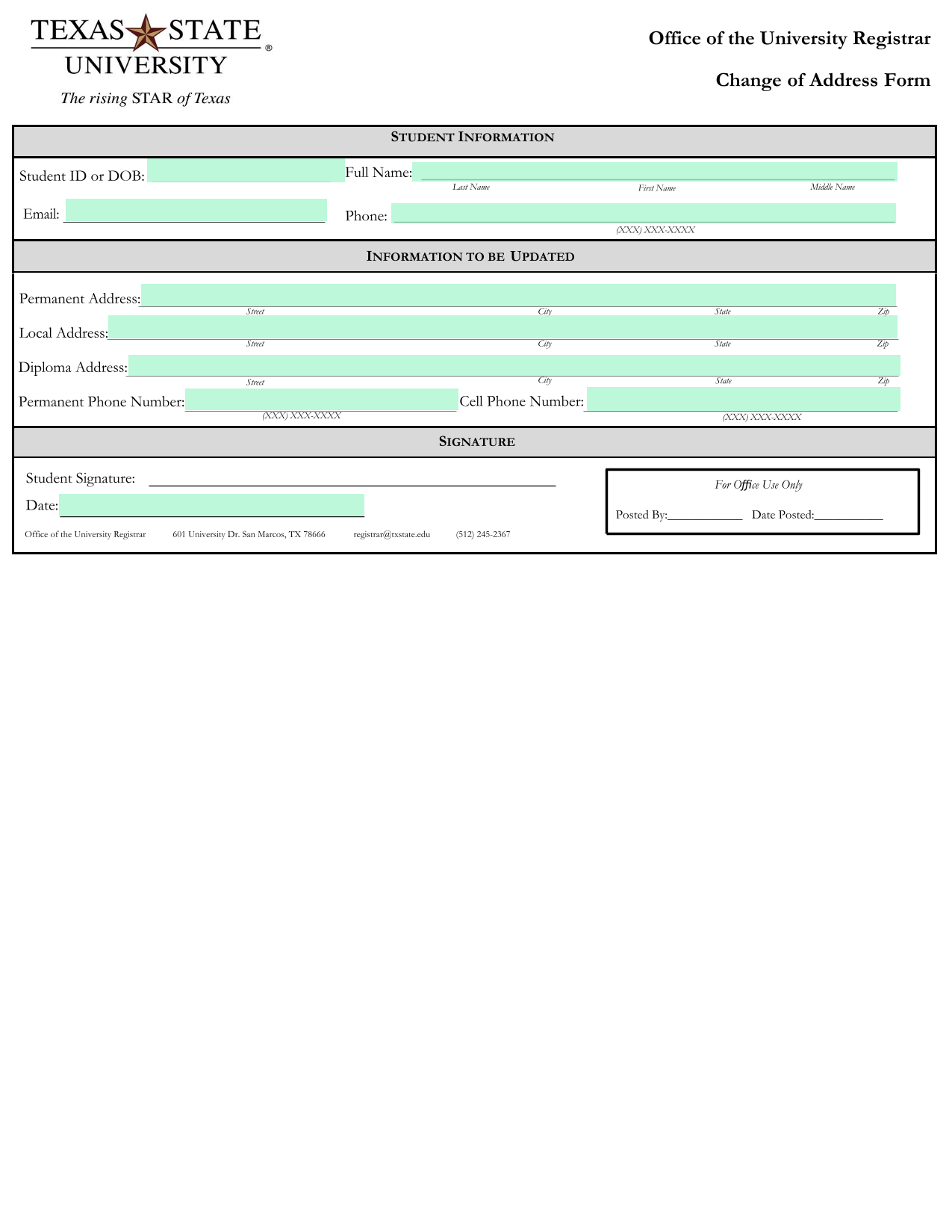 Change Of Address Form screenshot