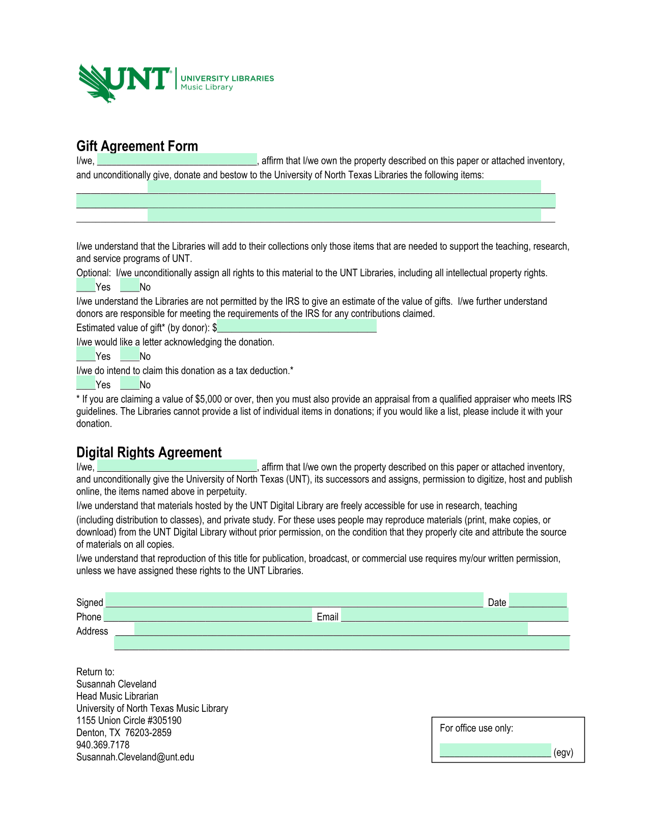 Gift Agreement Form screenshot