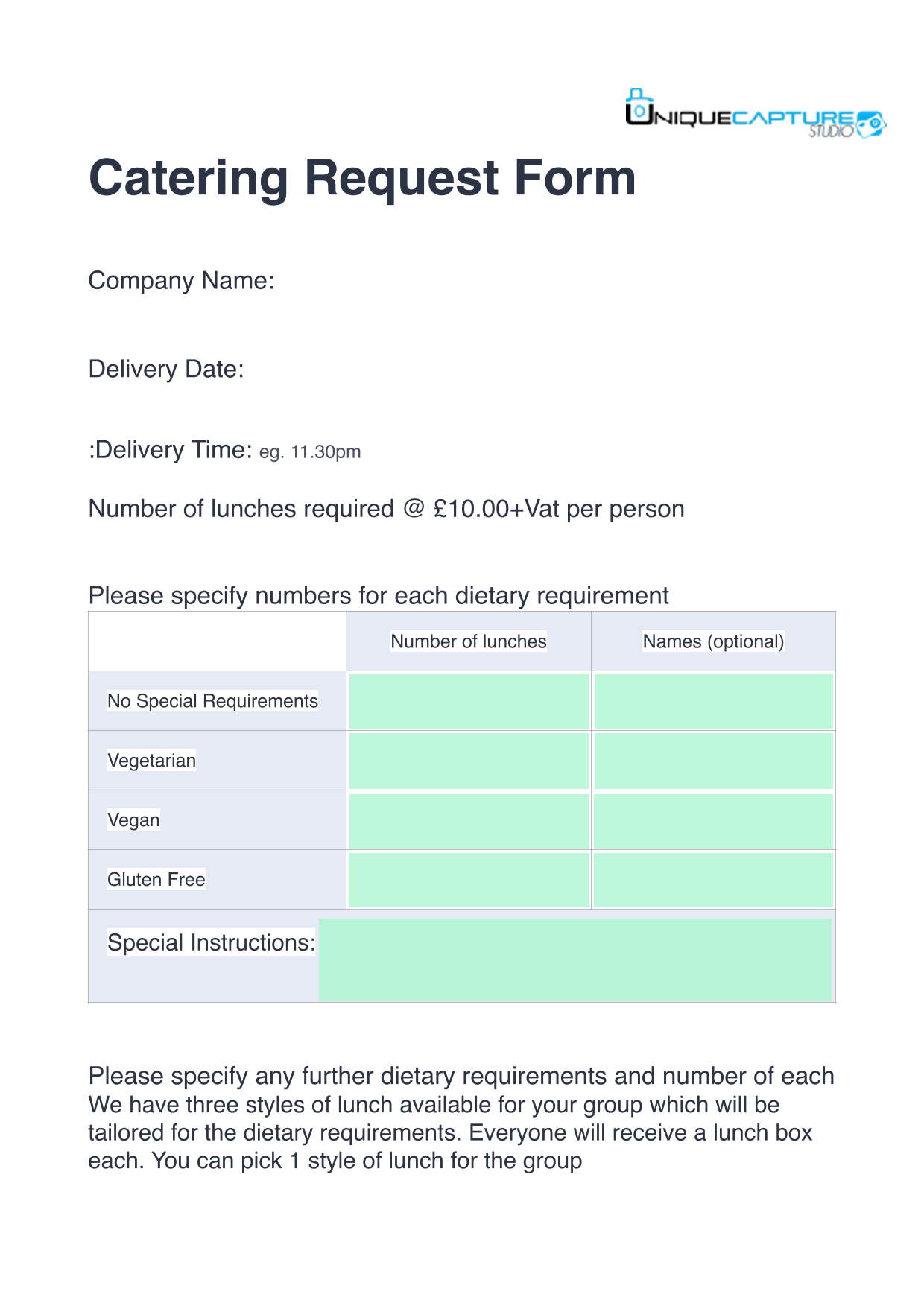 Catering Request Form screenshot