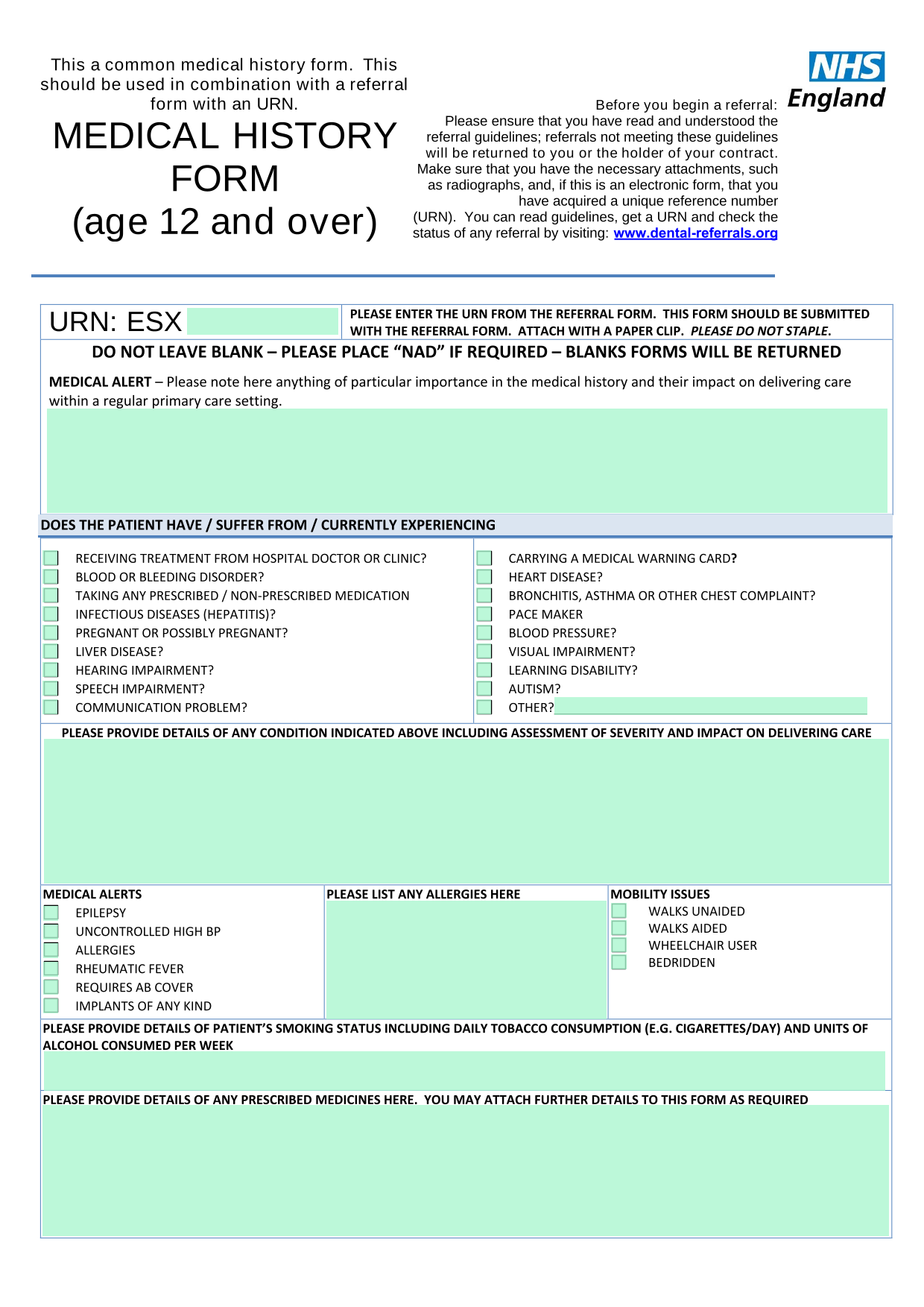 MEDICAL HISTORY FORM screenshot