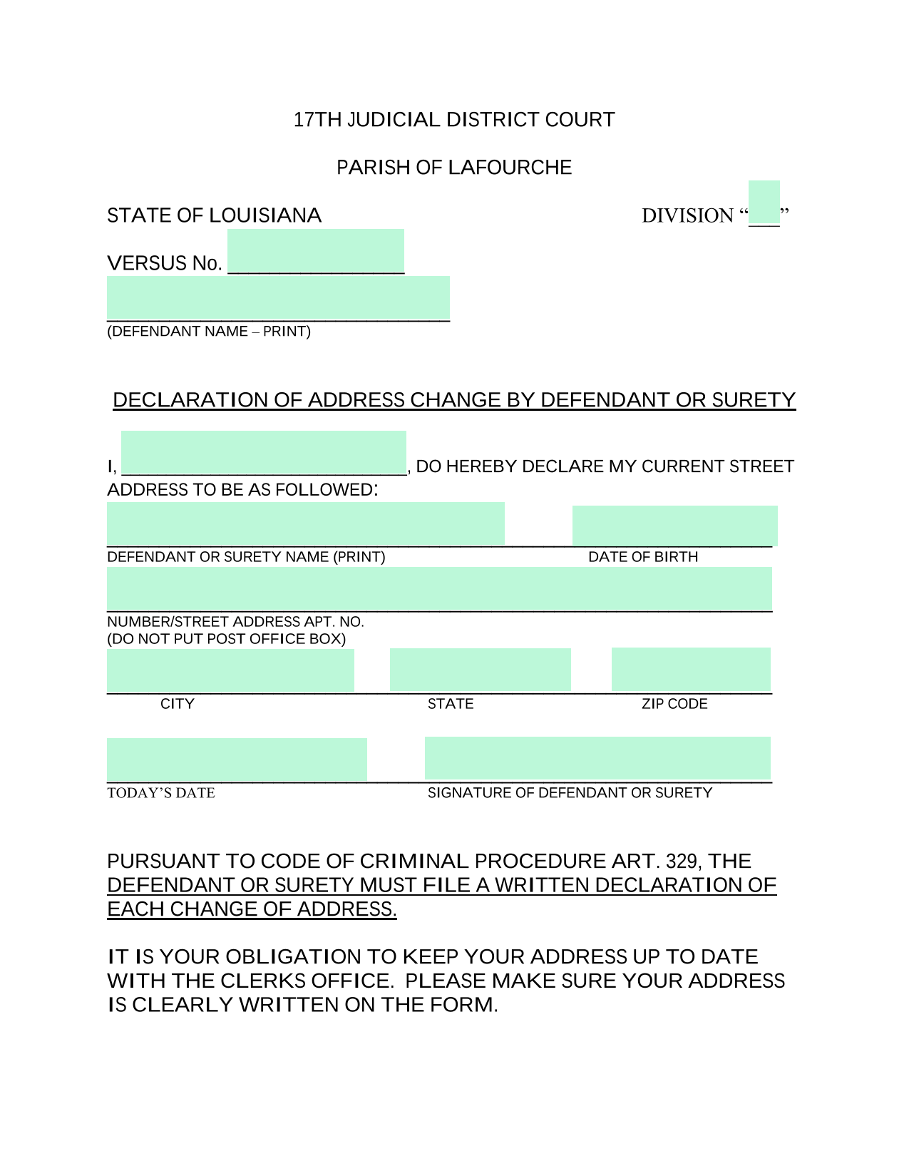 Declaration Of Address Change By Defendant Or Surety screenshot