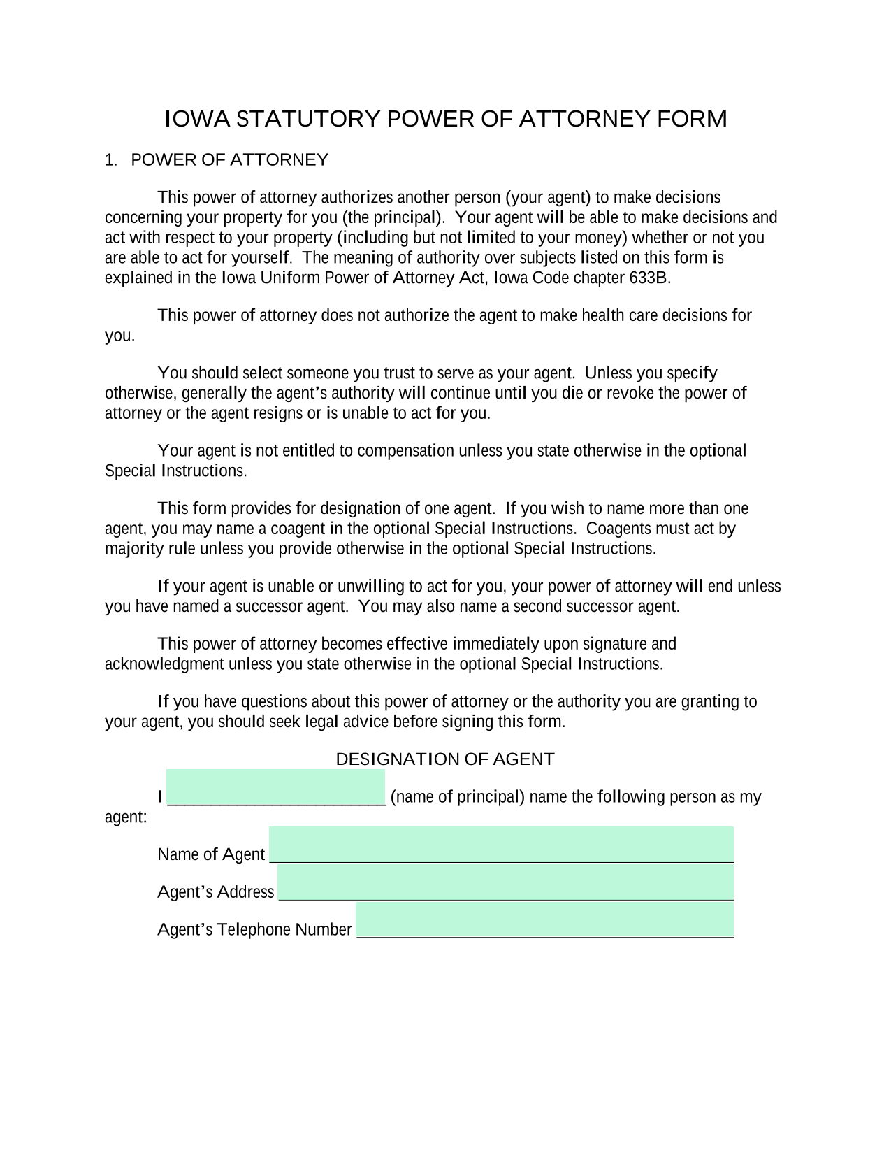 Iowa Statutory Power Of Attorney Form screenshot