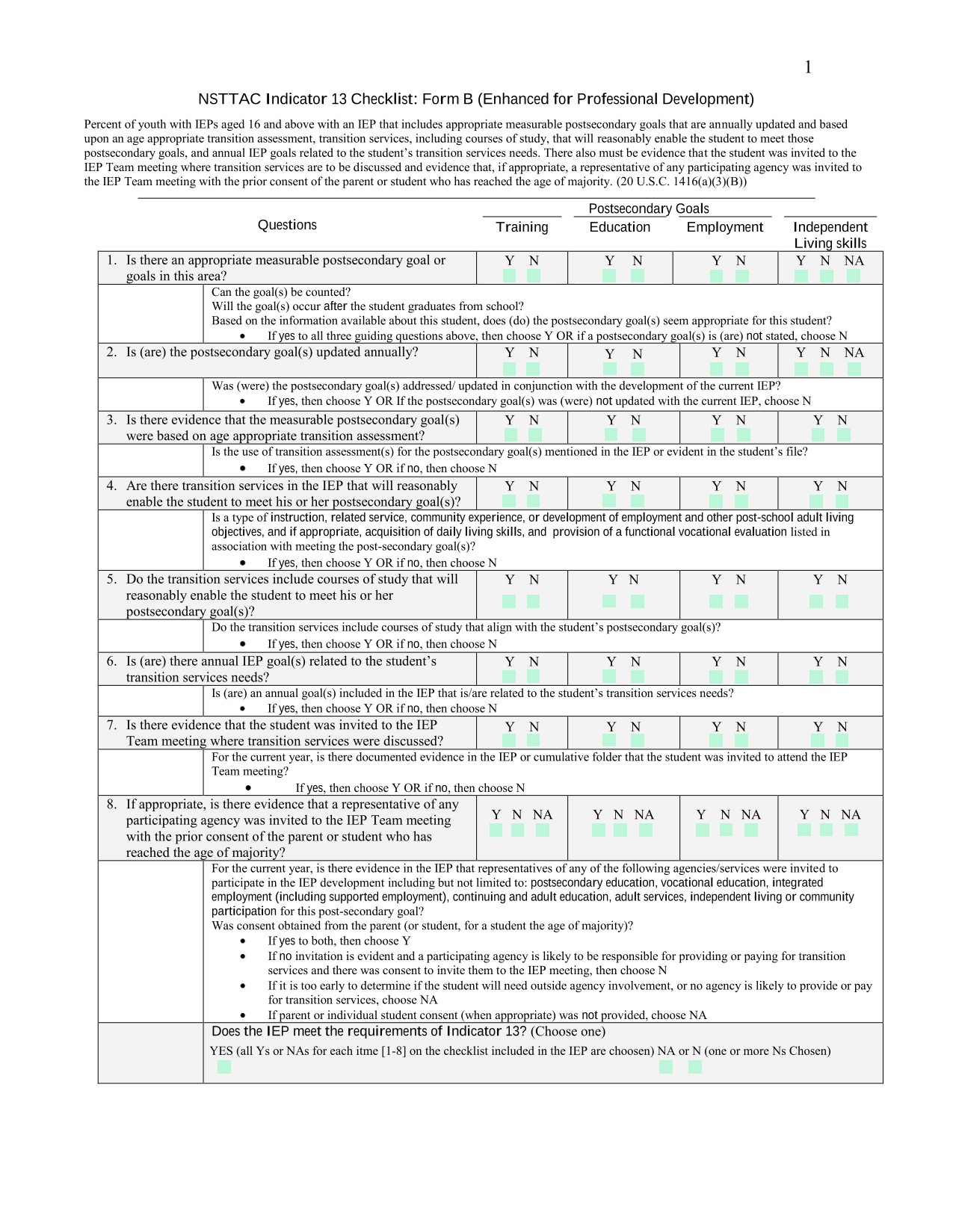 NSTTAC Indicator 13 Checklist Form B (Enhanced For Professional Development) screenshot