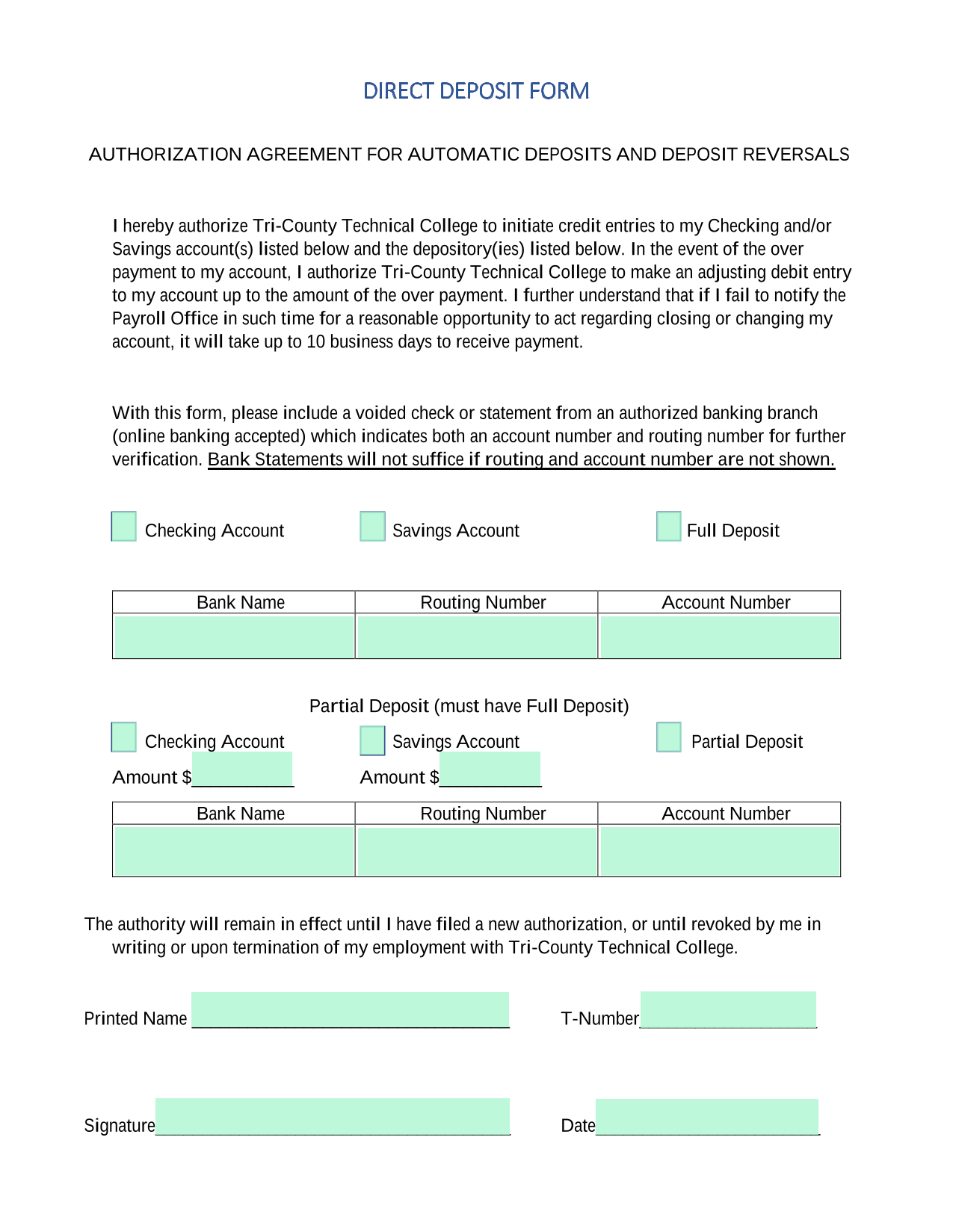 Direct Deposit Form screenshot