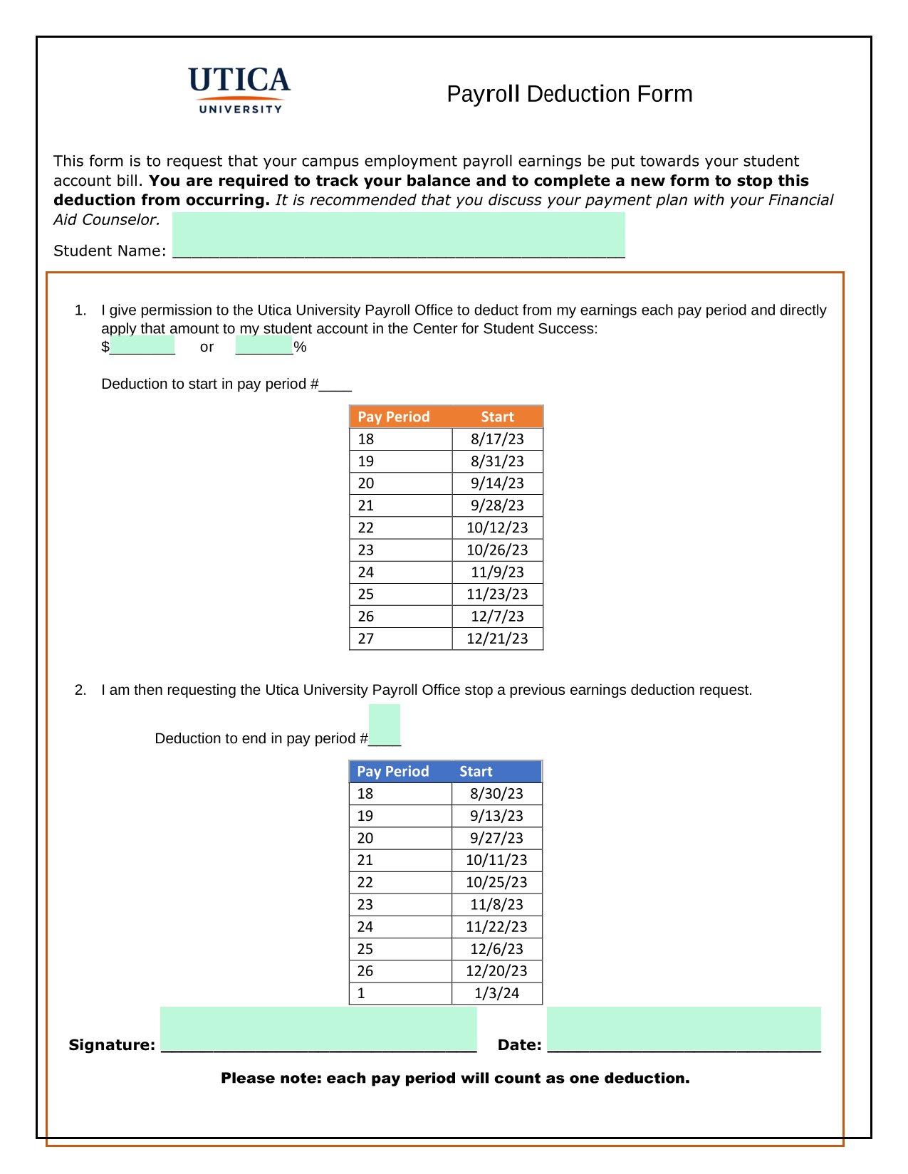 Payroll Deduction Form screenshot