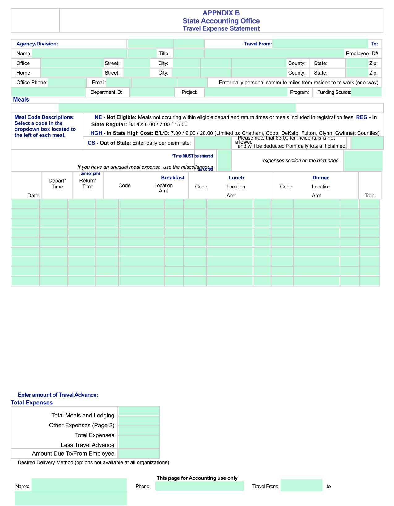 Travel Expense Statement screenshot