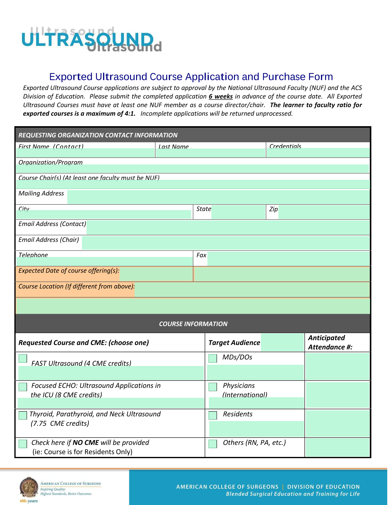 Exported Ultrasound Course Application And Purchase Form screenshot