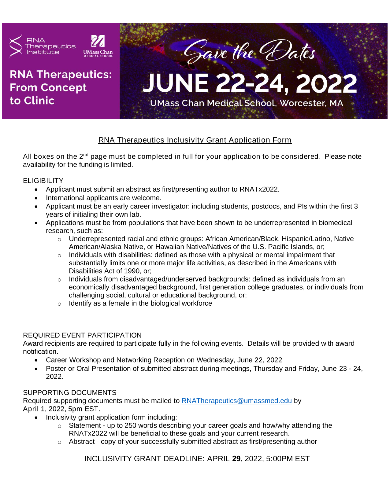 RNA Therapeutics Inclusivity Grant Application Form screenshot