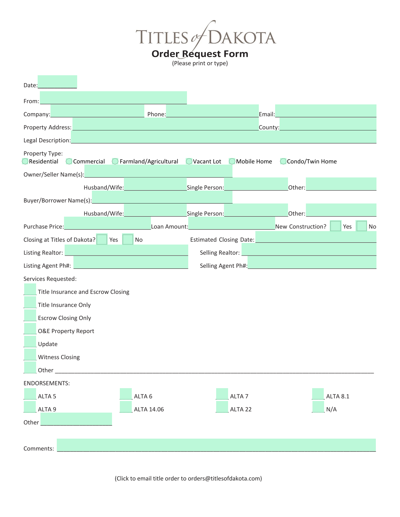 Order Request Form screenshot