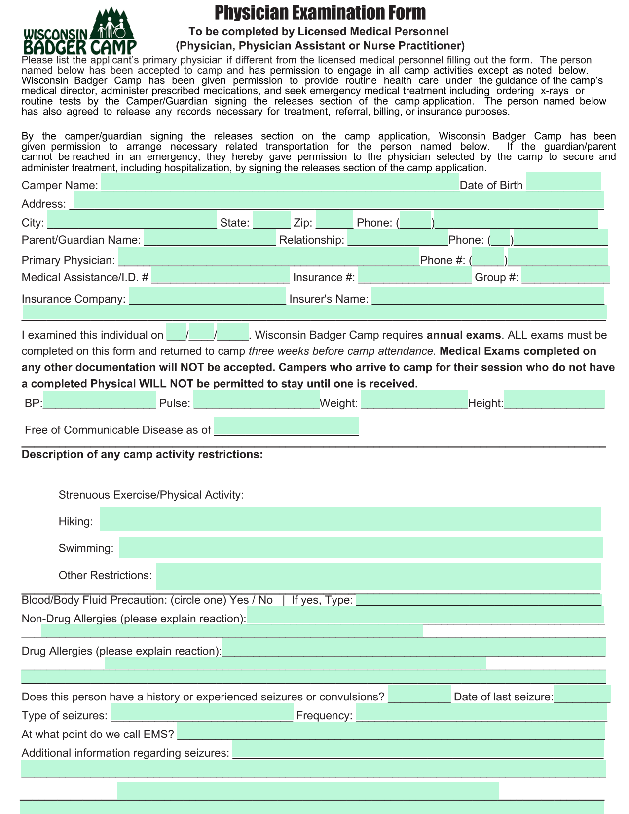 Physician Examination Form screenshot