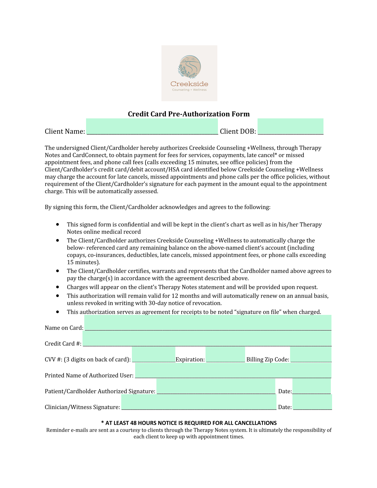 Credit Card Pre Authorization Form screenshot