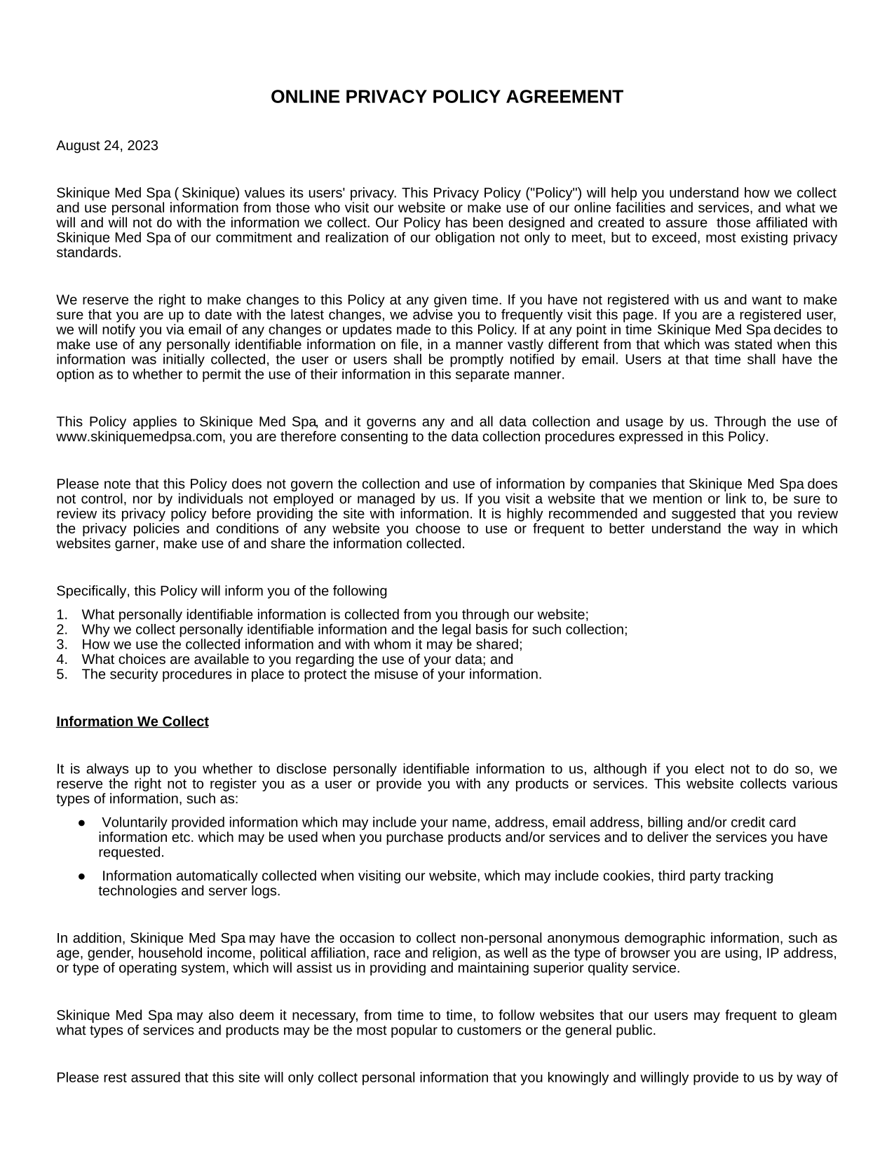 Online Privacy Policy Agreement screenshot