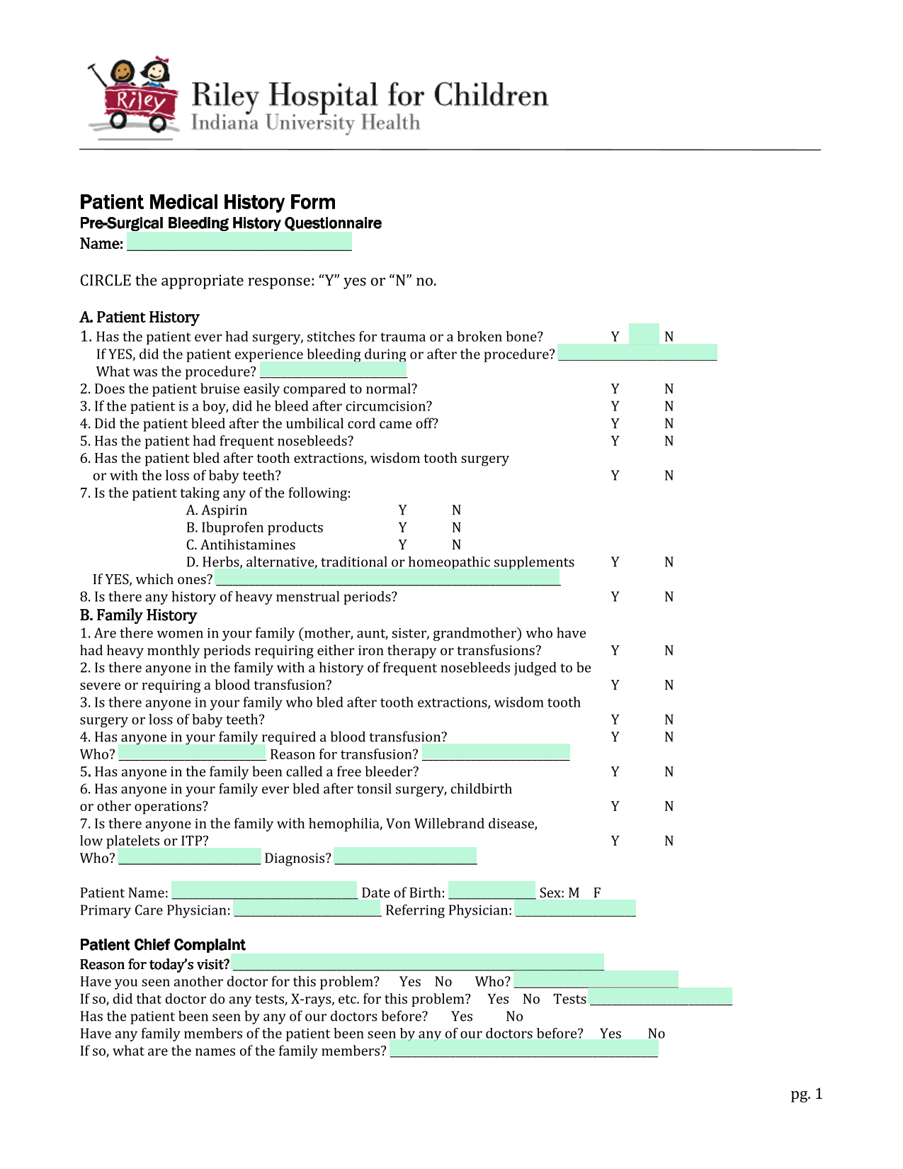 Patient Medical History Form screenshot
