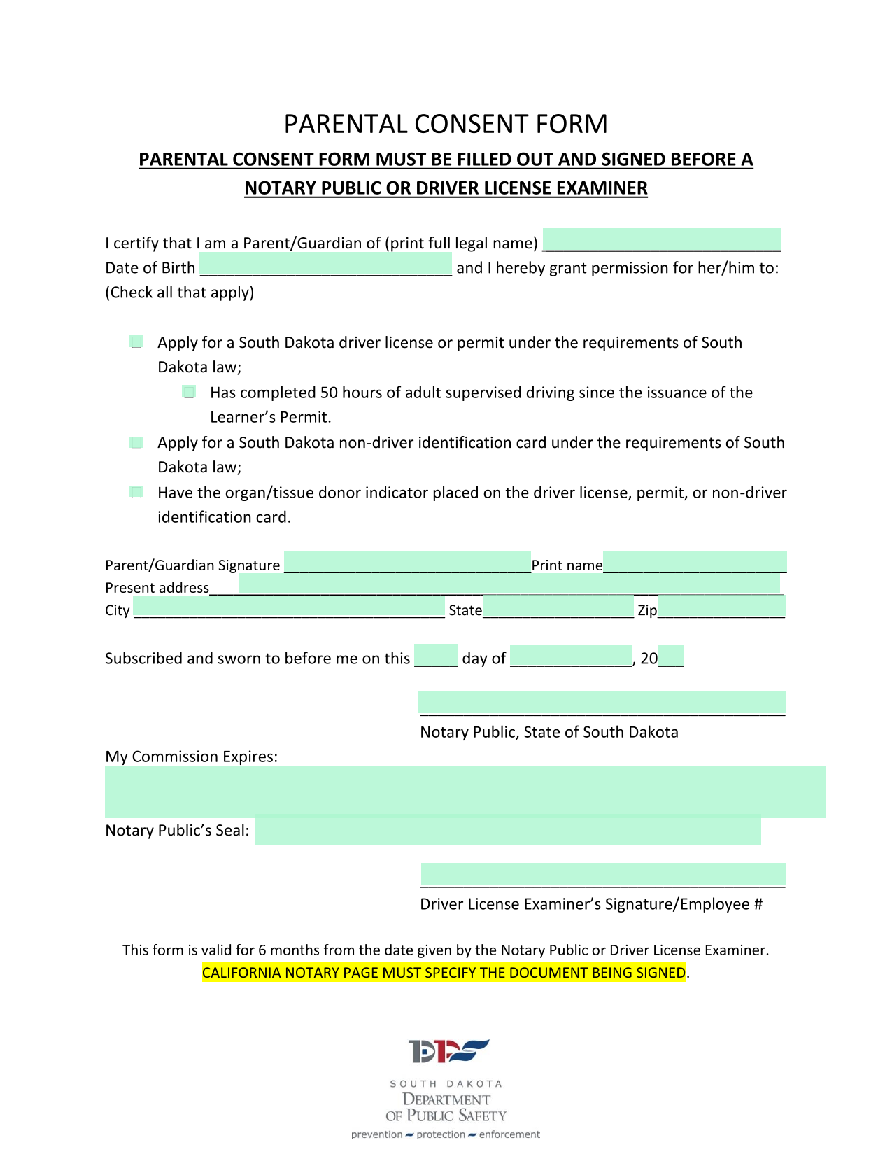 Parental Consent Form screenshot