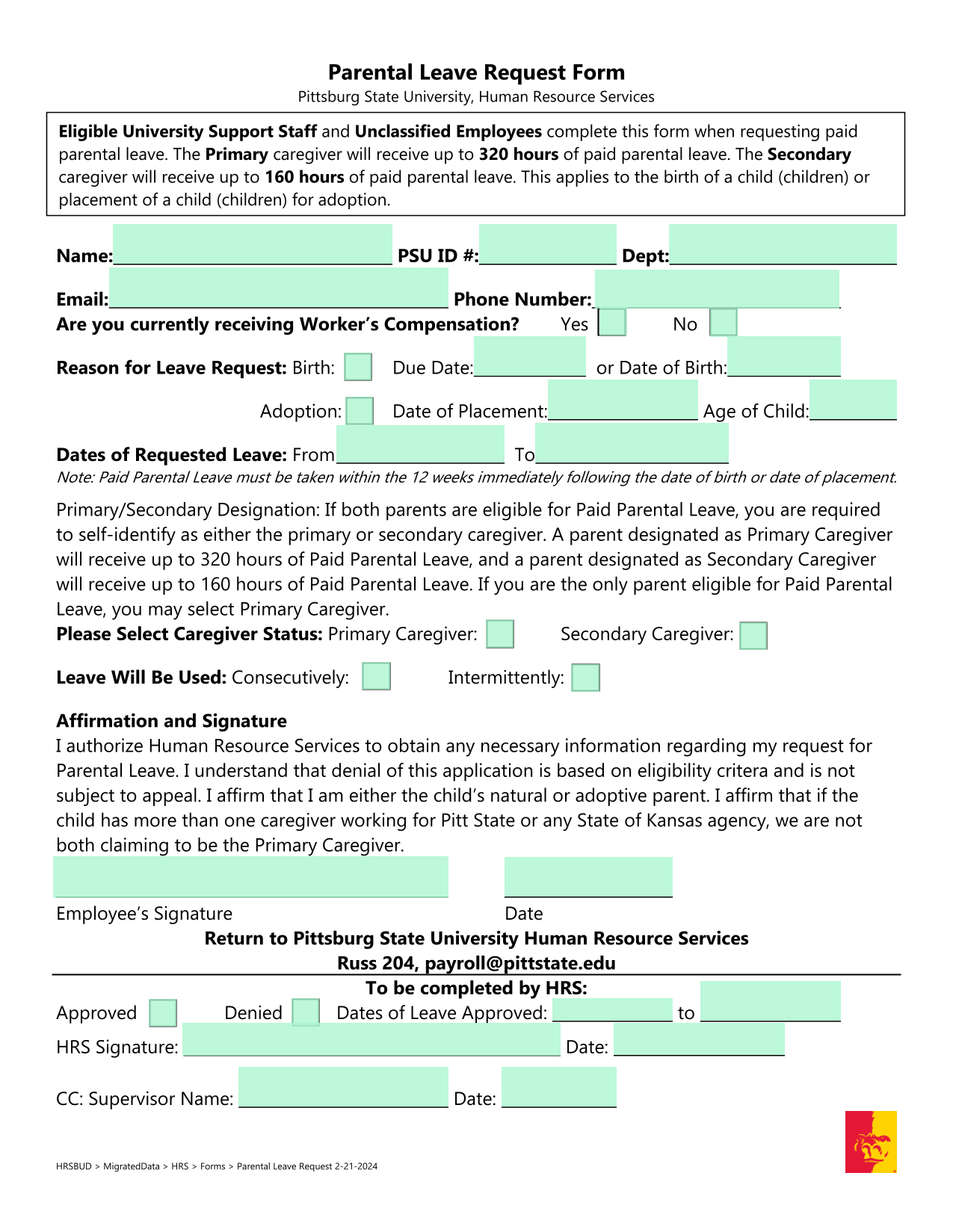 Parental Leave Request Form screenshot