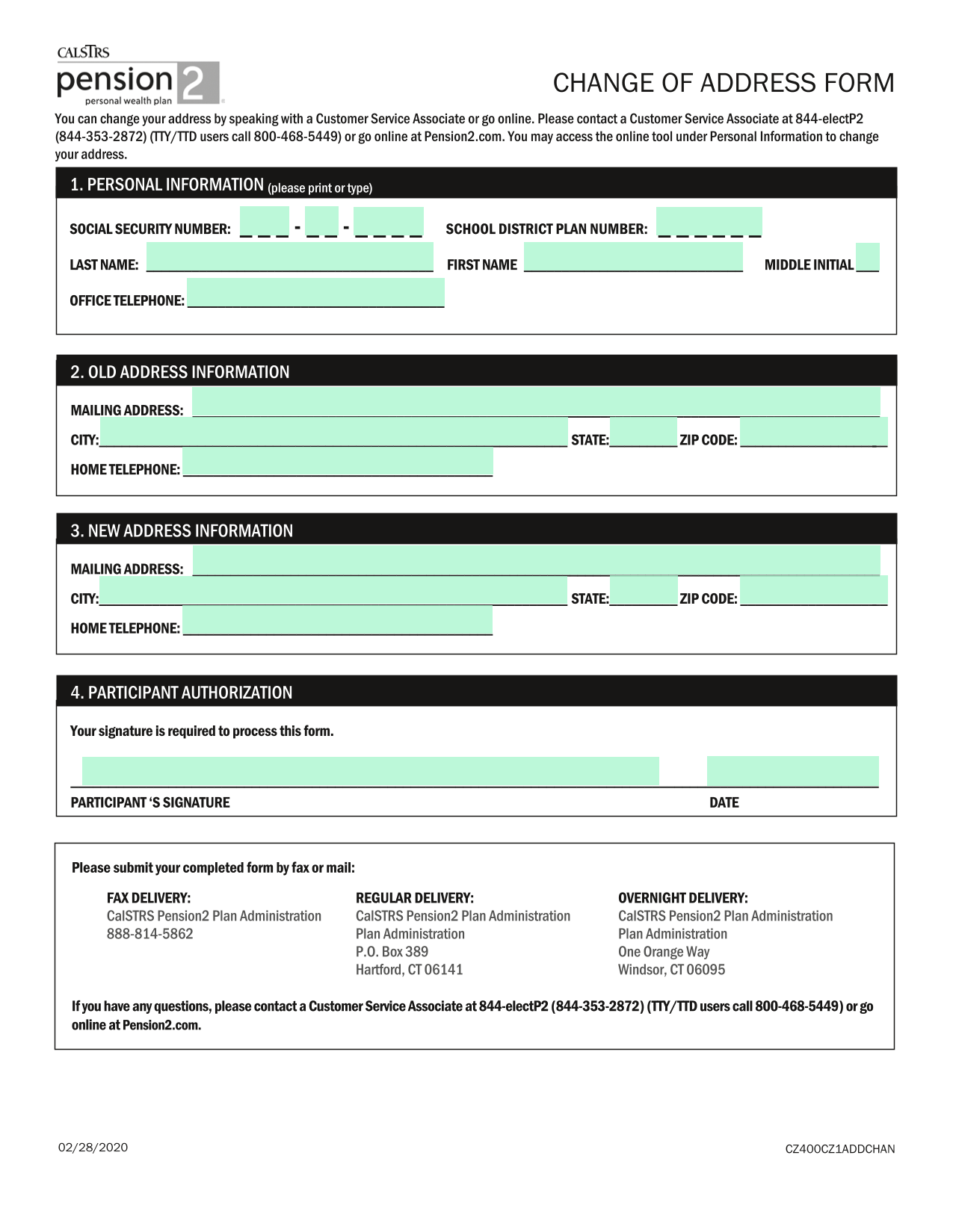 Change Of Address Form screenshot