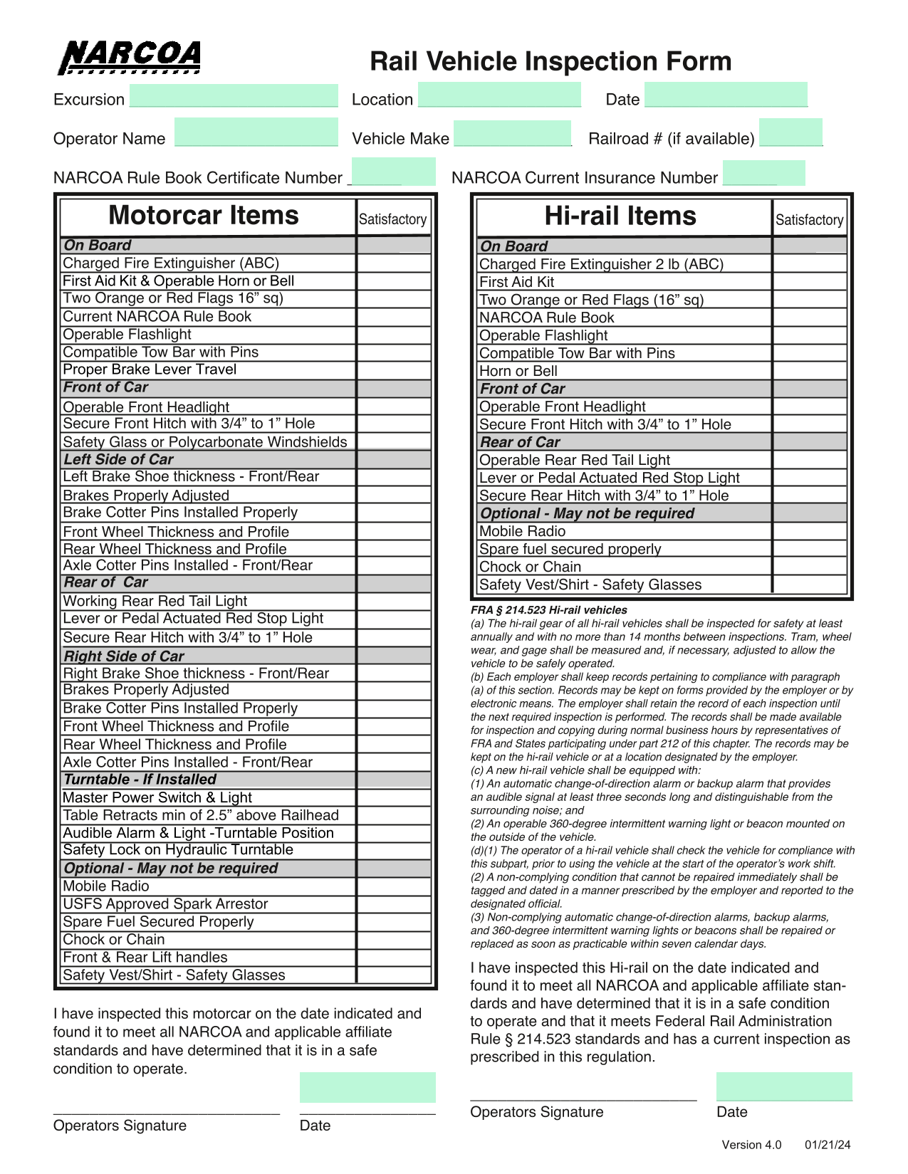 Rail Vehicle Inspection Form screenshot