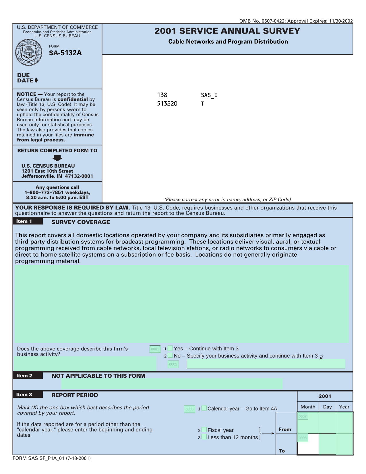 2001 Service Annual Survey screenshot