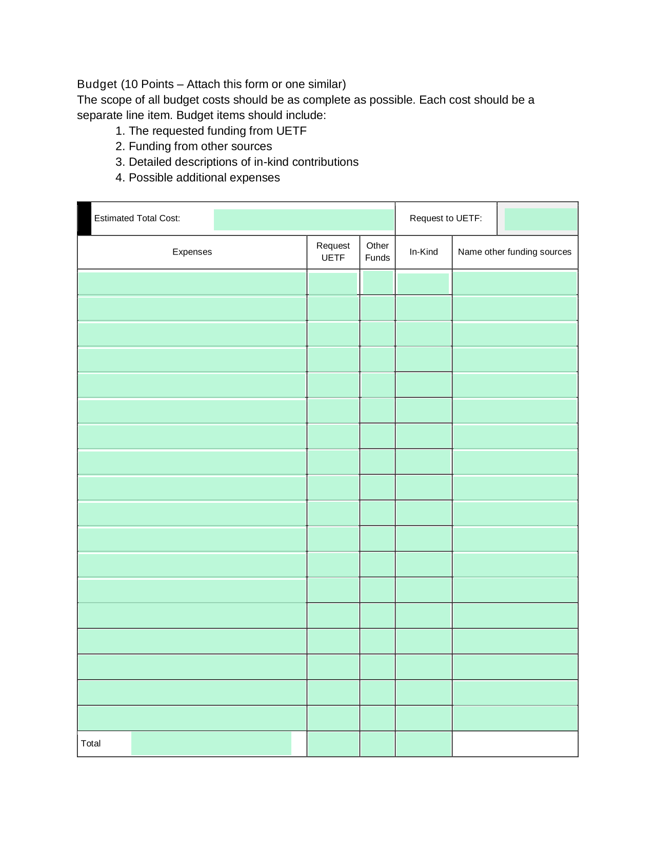 Budget Form screenshot