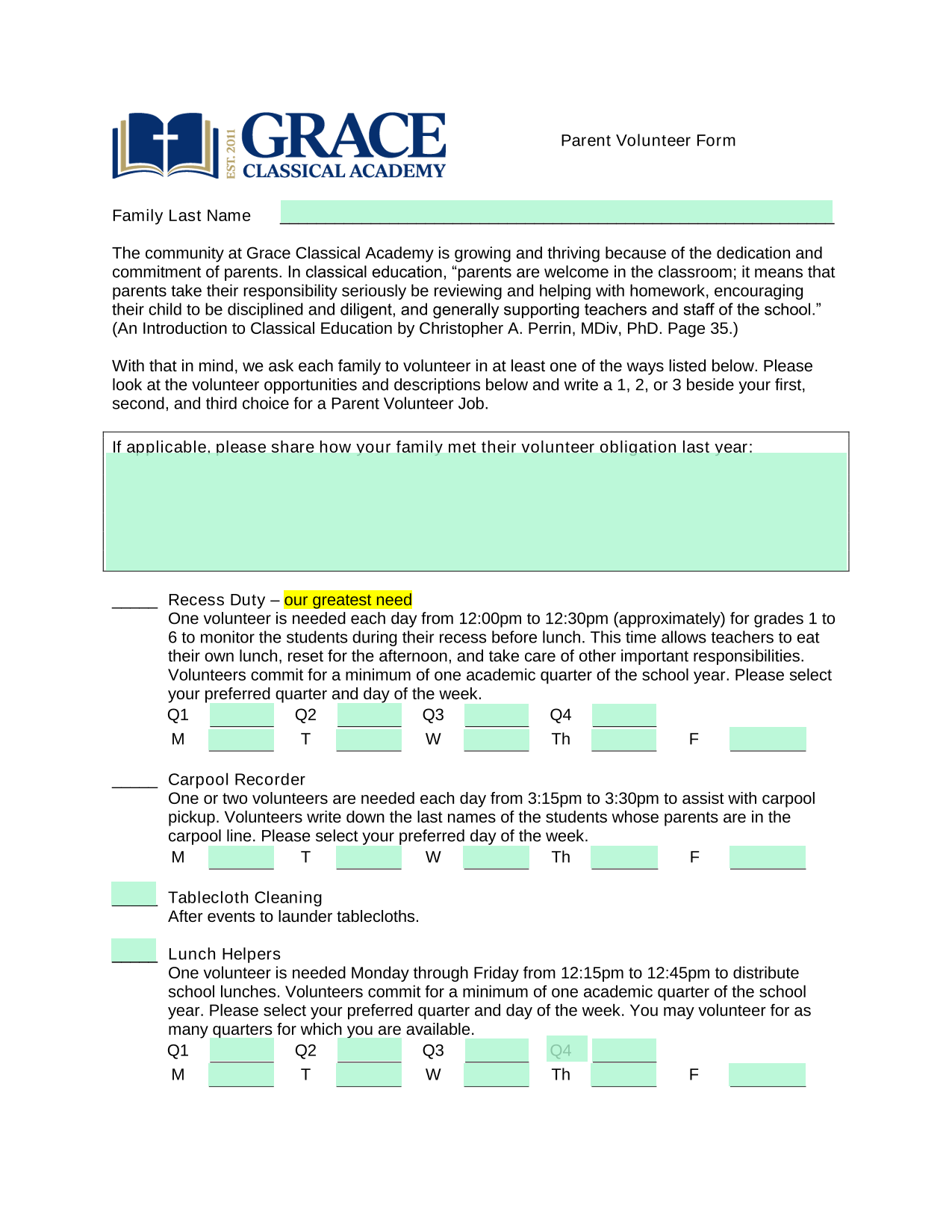 Parent Volunteer Form screenshot