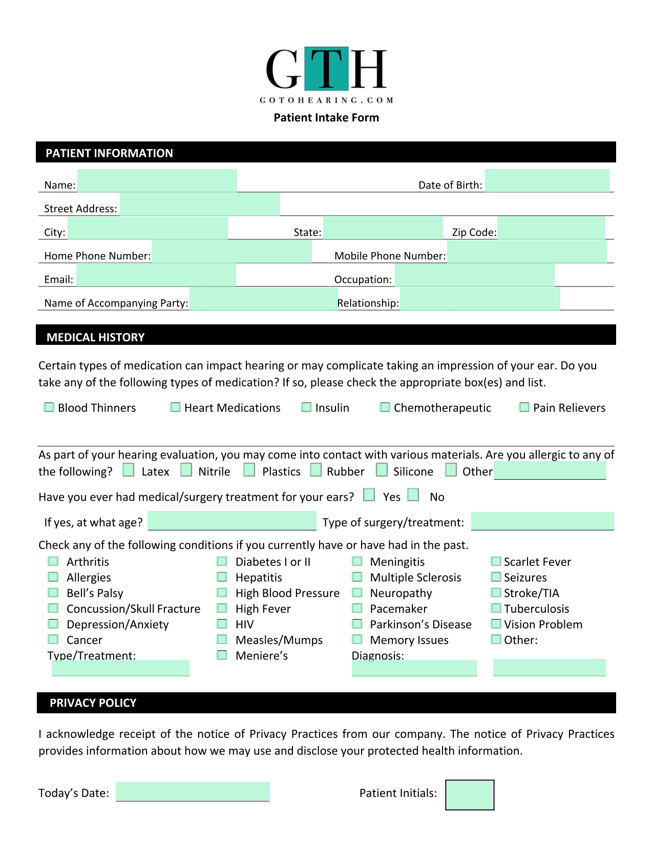 Patient Intake Form screenshot