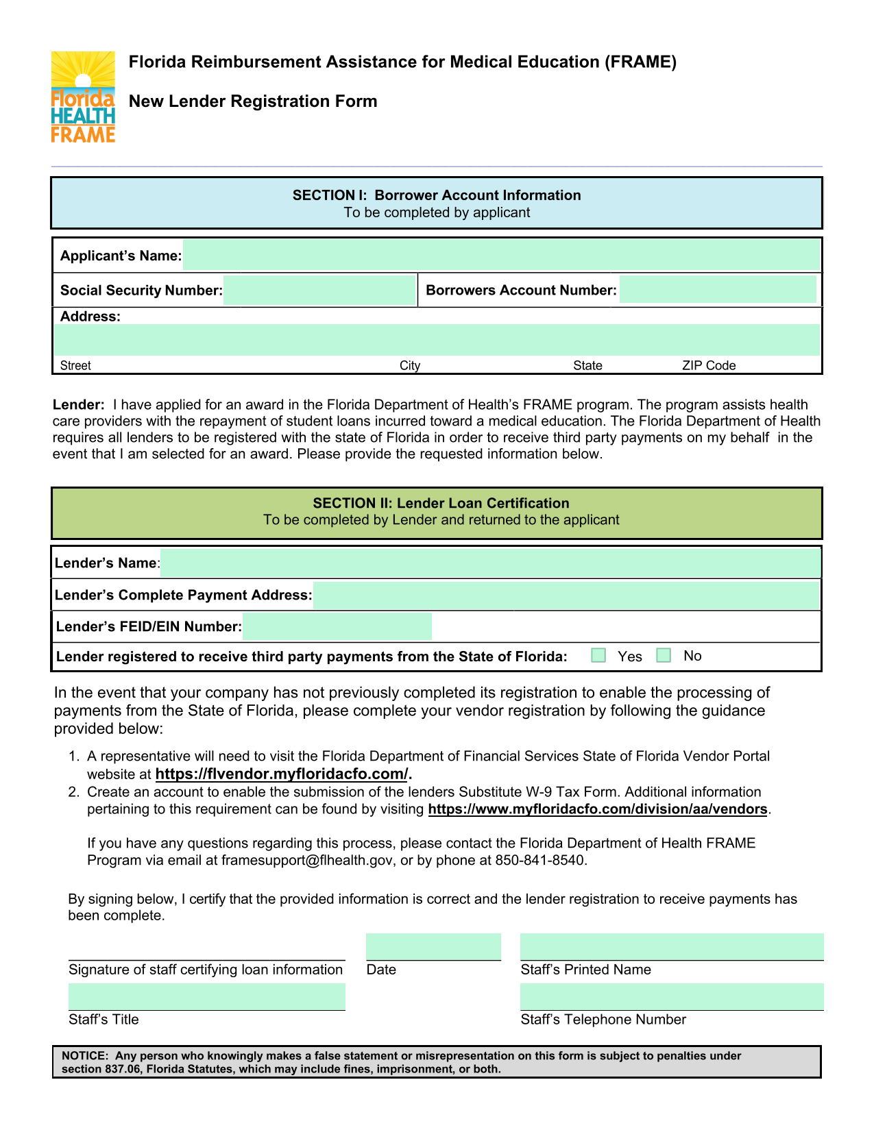 Florida Reimbursement Assistance For Medical Education (FRAME) New Lender Registration Form screenshot
