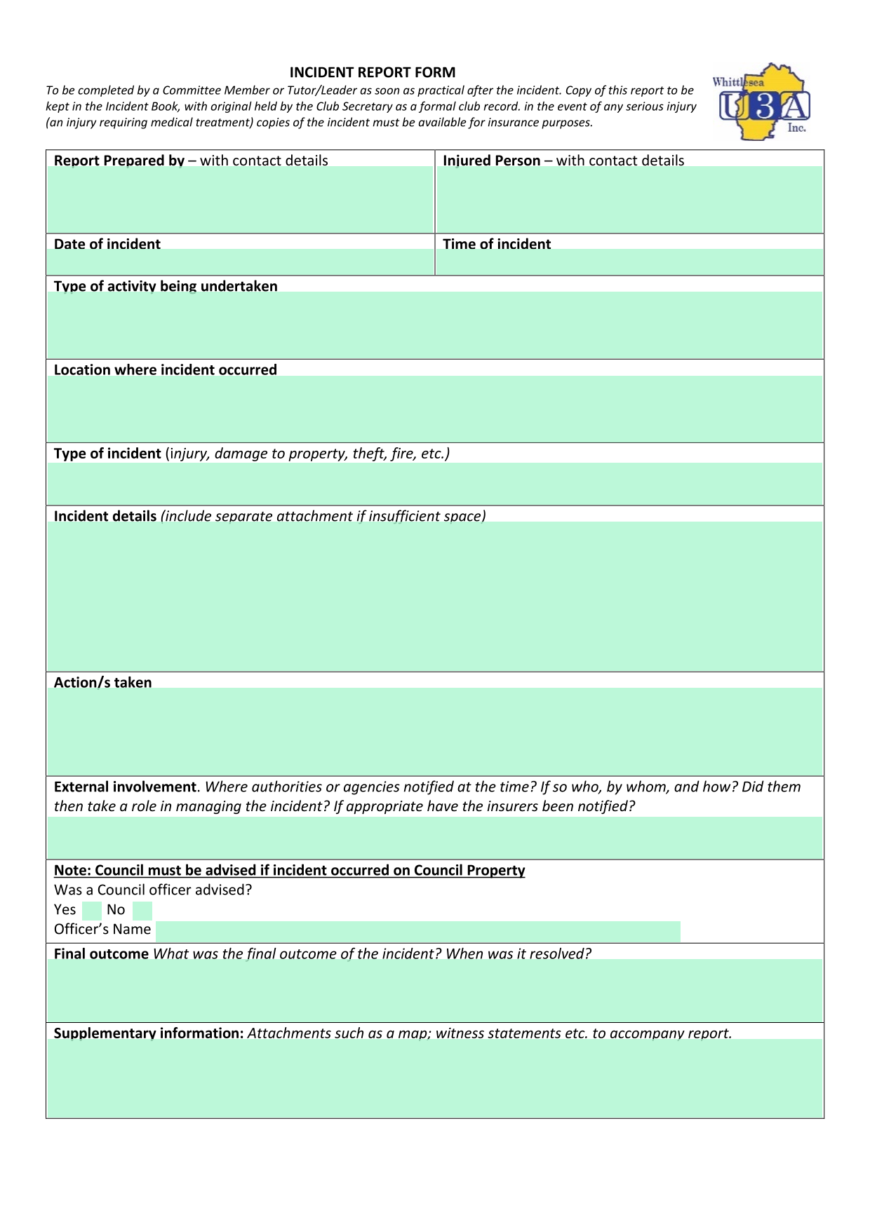 Incident Report Form screenshot