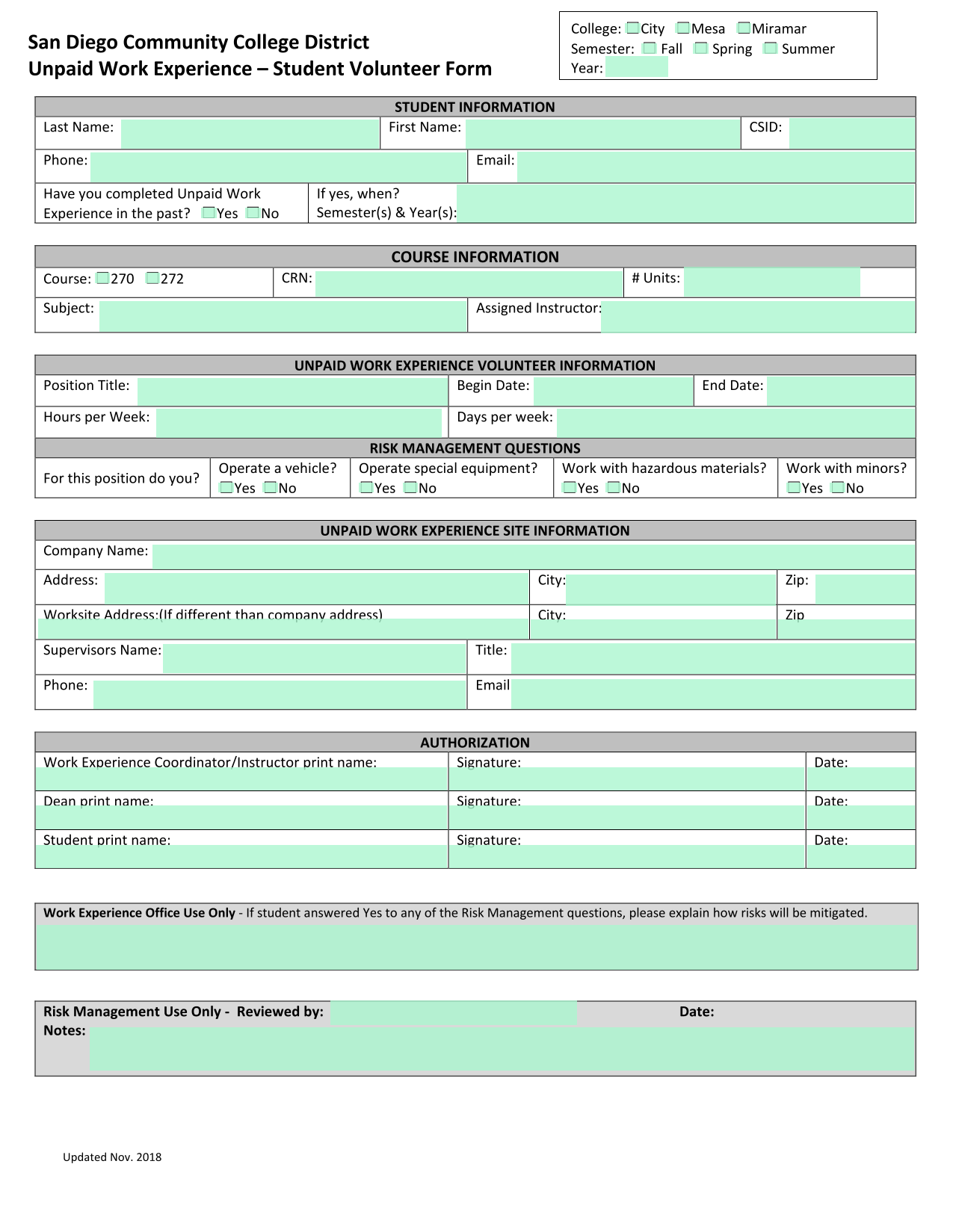 Unpaid Work Experience  Student Volunteer Form screenshot