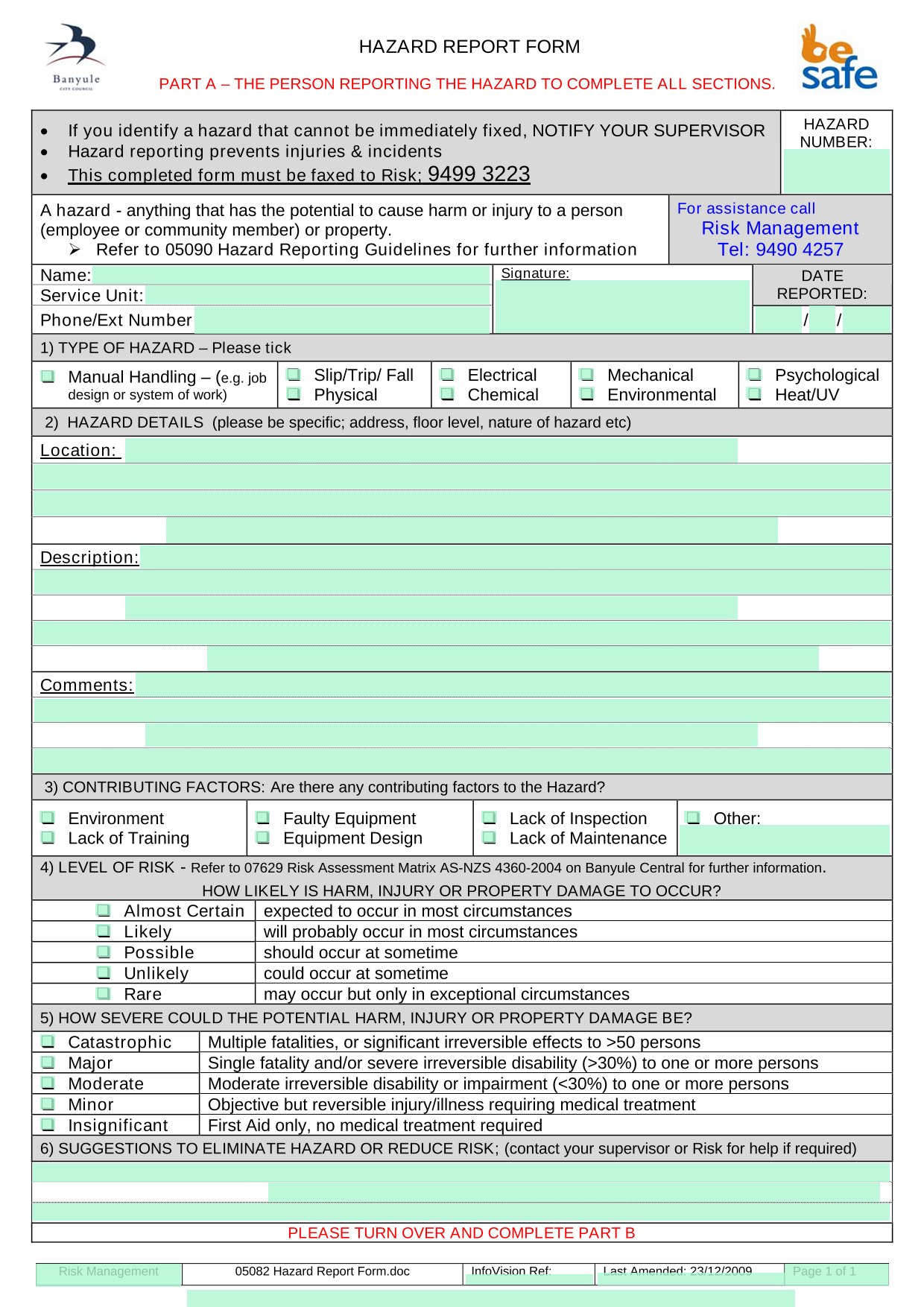 HAZARD REPORT FORM screenshot